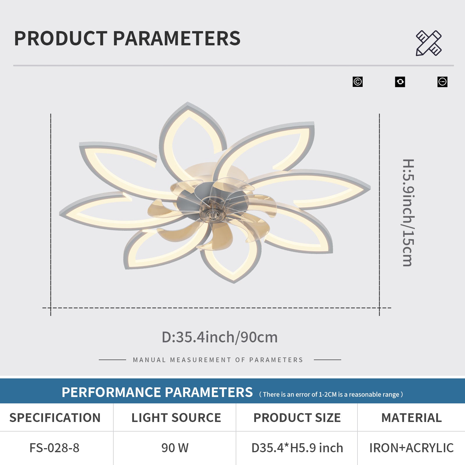 35.4In Ceiling Fan With Lights, Remote Control 3 Color Temperatures,6 Gear Wind Speed Fan Light White Modern Acrylic