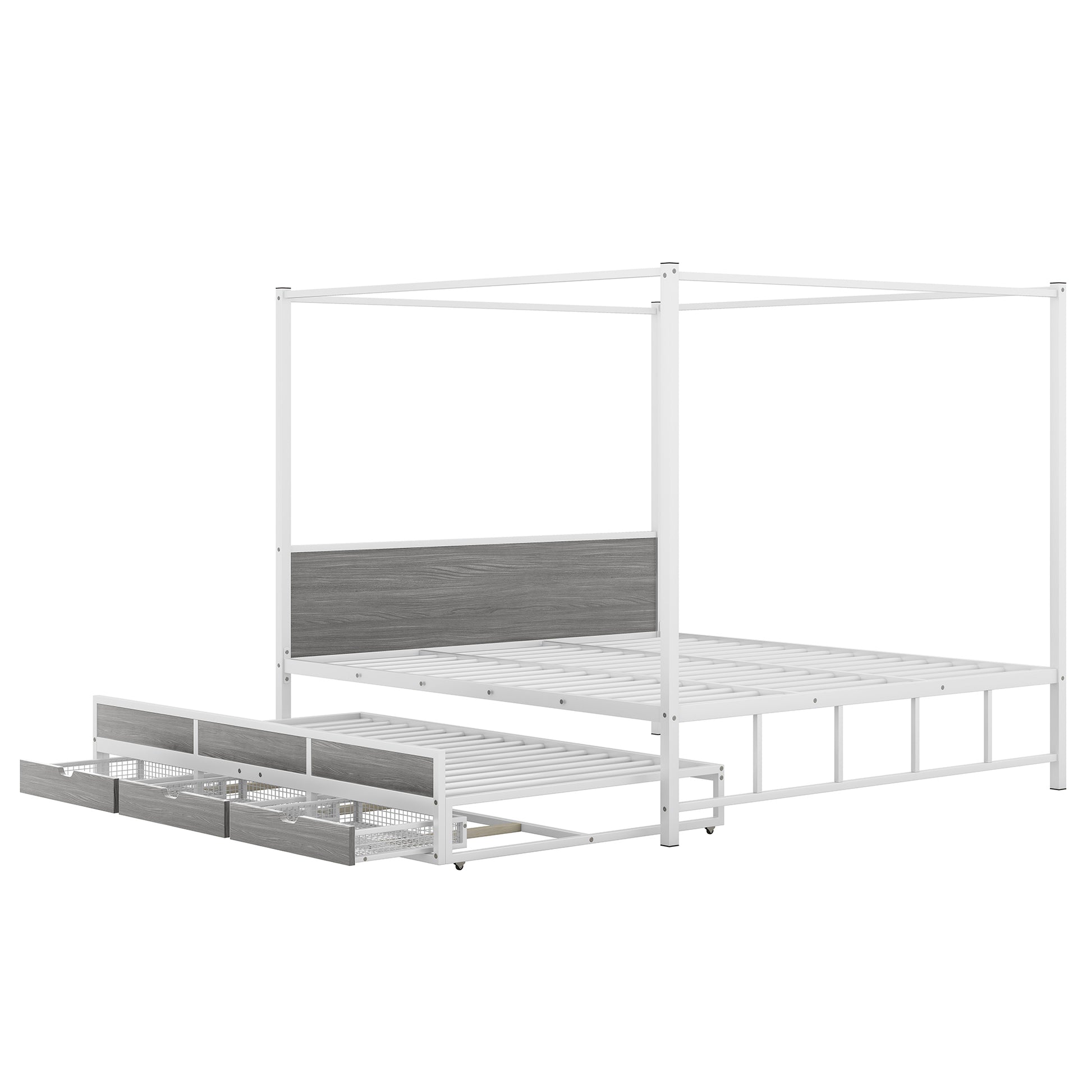 Queen Size Metal Canopy Platform Bed With Twin Size Trundle And 3 Storage Drawers, White Box Spring Not Required Queen White Metal Bedroom Canopy Mdf Metal