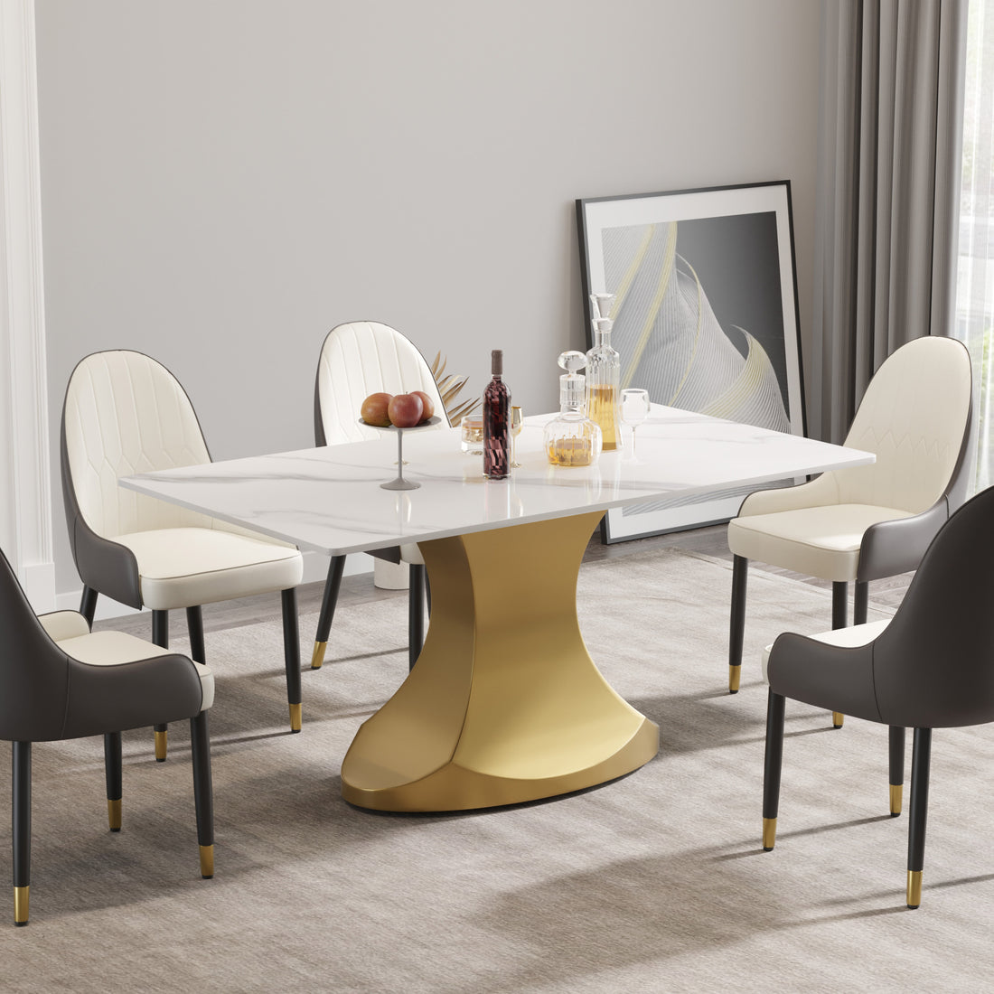 63 "Modern Artificial Stone White Panel Golden Stainless Steel Curved Legs Can Accommodate 6 8 People White Gold Dining Room Metal Sintered Stone