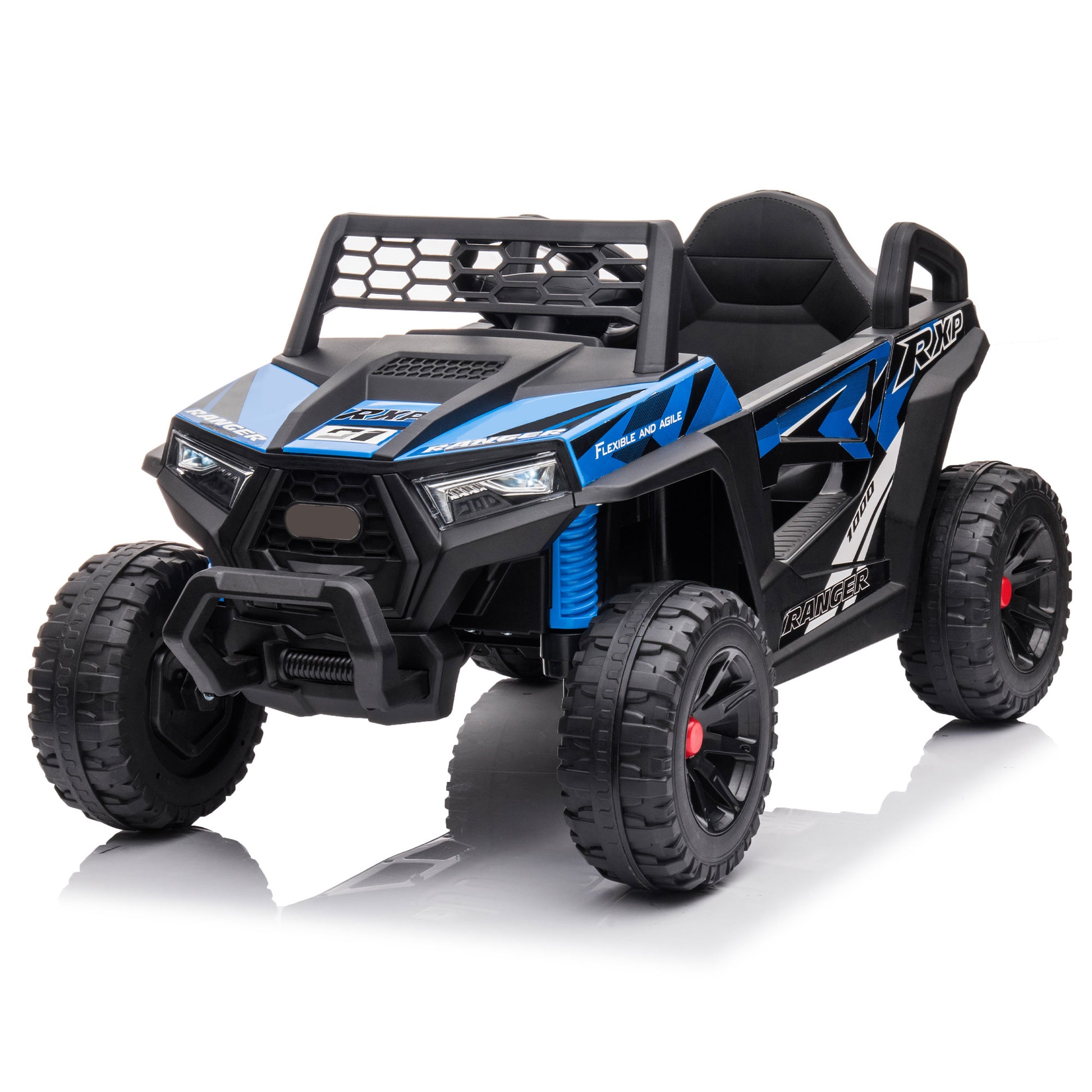 12V Kids Ride On Mini Utv, Electric Car With Front Led Lights And Horn, Single Seat With A Safety Belt, Forward Reverse Function Black Blue Polypropylene