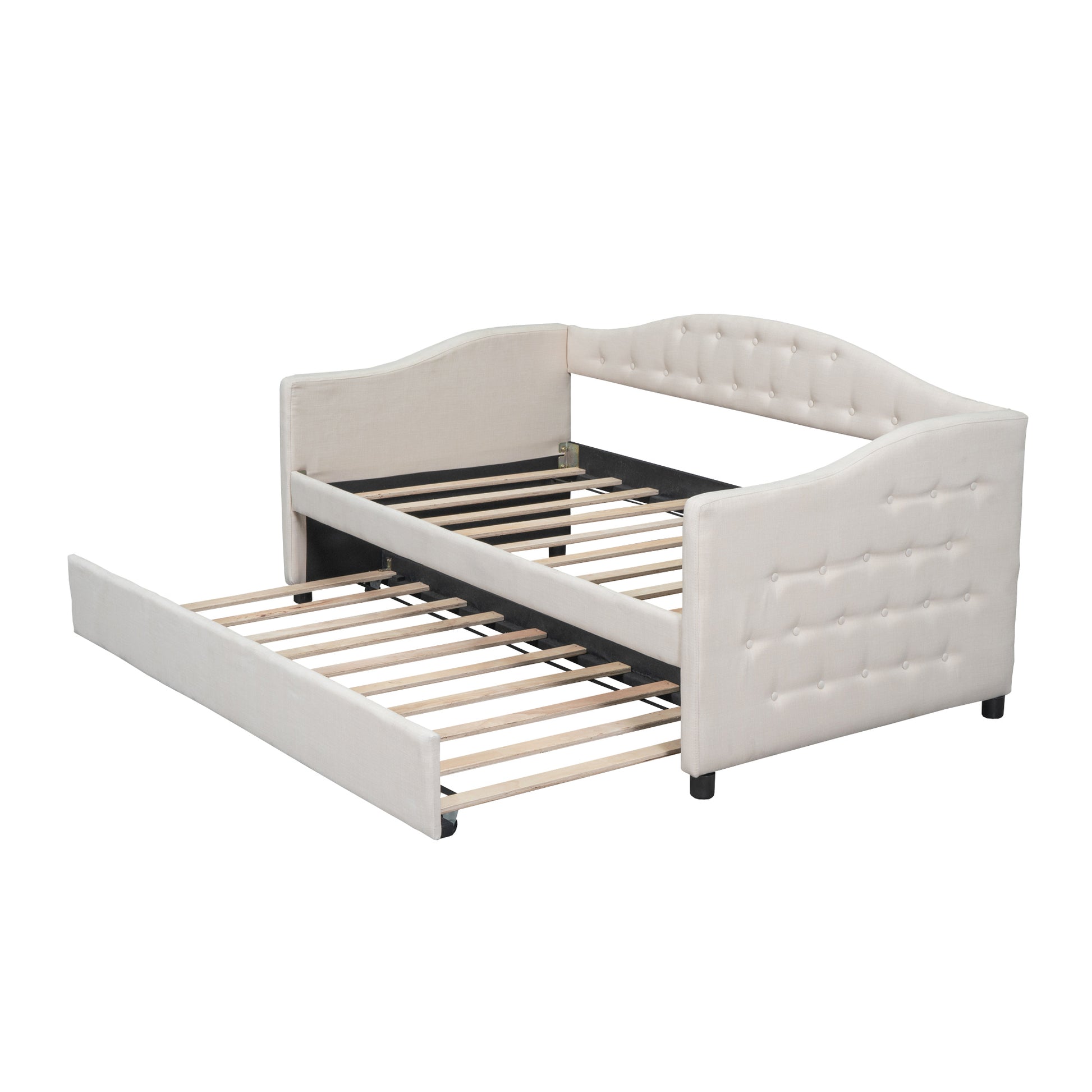 Upholstered Twin Size Daybed With Trundle, Beige Box Spring Not Required Beige Wood Upholstered