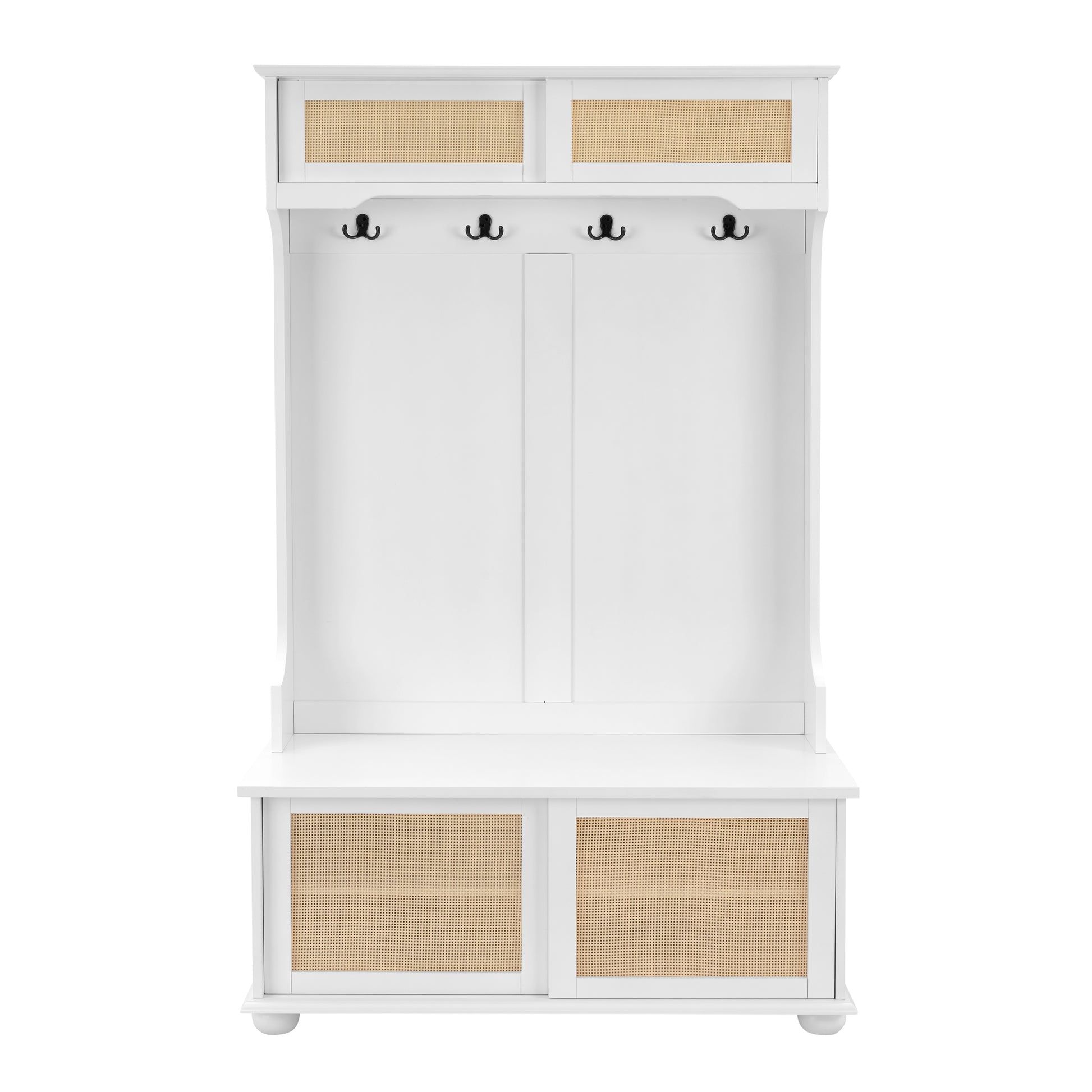 Casual Style Hall Tree Entryway Bench With Rattan Door Shelves And Shoe Cabinets, Solid Wood Feet, White, 40.16"W*18.58"D*64.17"H White Mdf