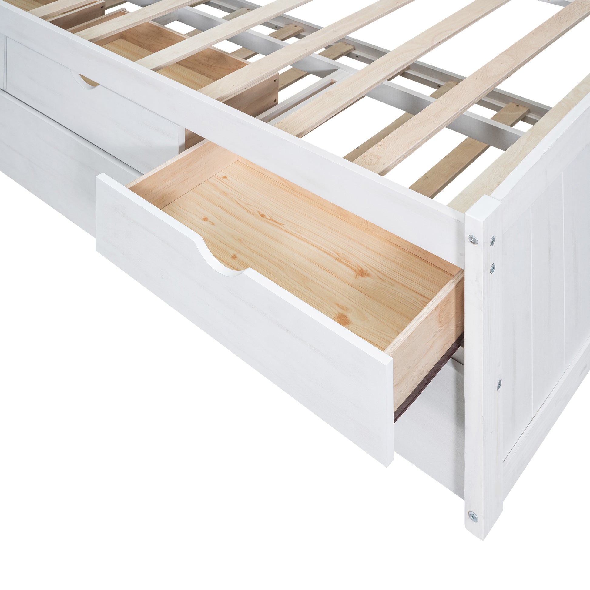 Twin Size Wooden Captain Bed With Built In Bookshelves,Three Storage Drawers And Trundle, White Wash Box Spring Not Required Twin White Washed Wood Pine