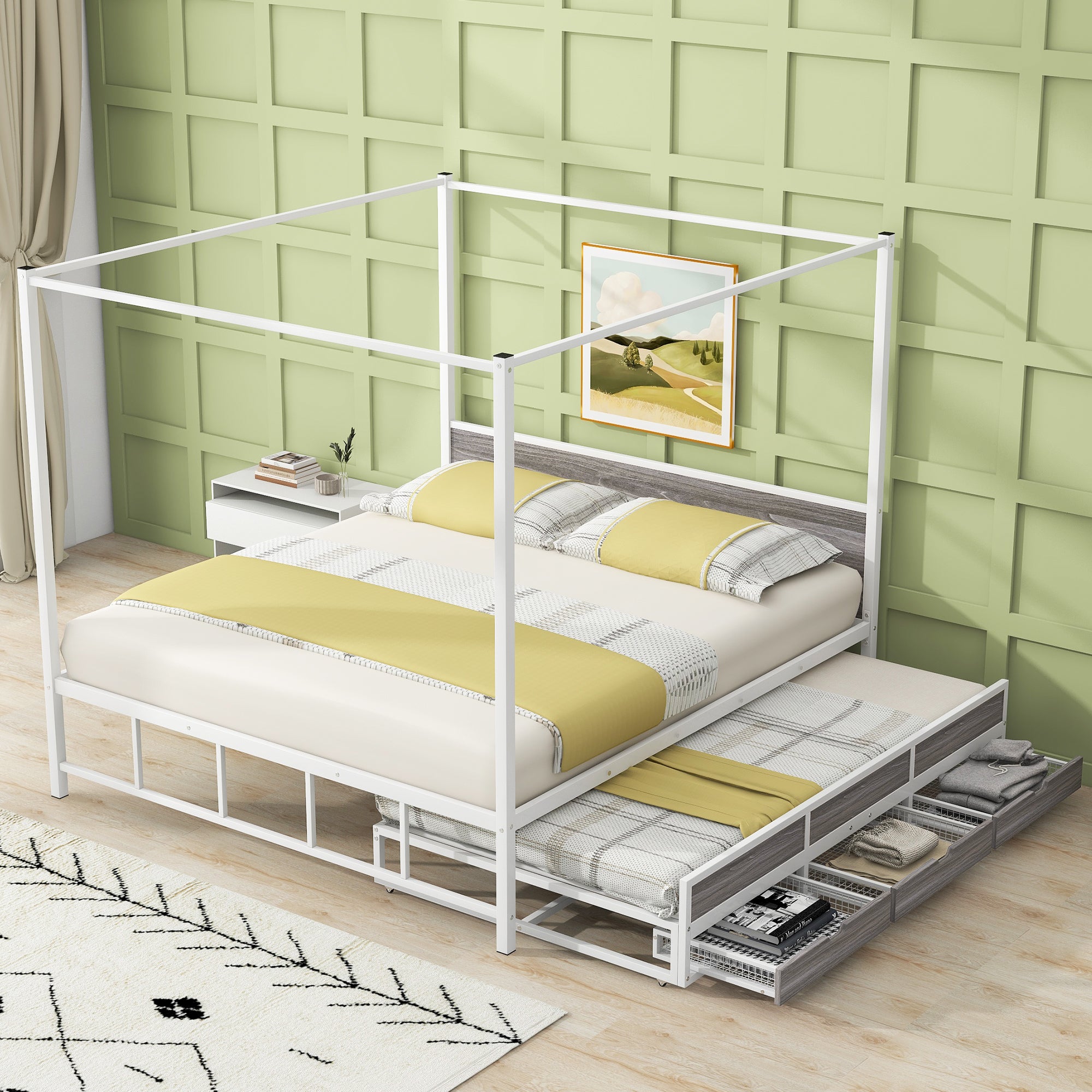 Queen Size Metal Canopy Platform Bed With Twin Size Trundle And 3 Storage Drawers, White Box Spring Not Required Queen White Metal Bedroom Canopy Mdf Metal