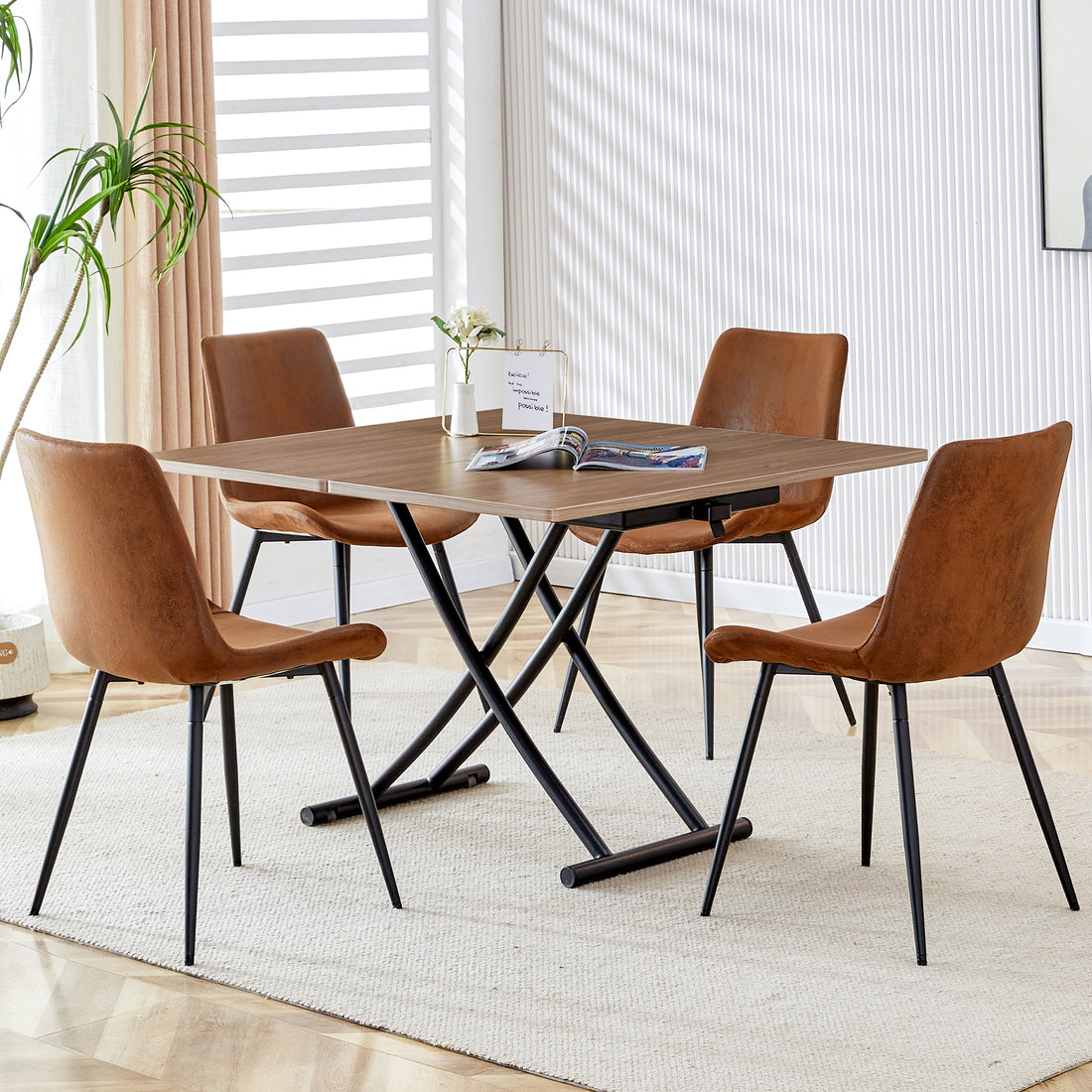 Modern Minimalist Multifunctional Lifting Table, 0.8 Inch Wood Grain Craft Sticker Desktop, Black Metal Legs. 4 Upholstered Dining Chairs With Black Metal Legs. Lt 10055 B0502 Natural Wood Wash Metal