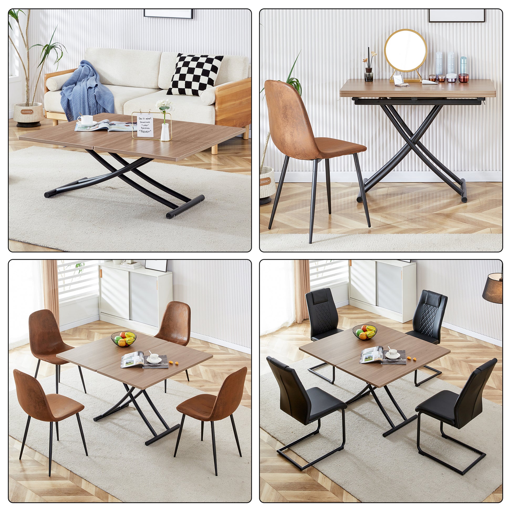 A Modern And Minimalist Multifunctional Lifting Table With A Thickness Of 0.8 Inches. Wooden Grain Craft Sticker Tabletop And Black Metal Table Legs. 4 Faux Leather Upholstered Dining Chairs Natural Wood Wash Metal