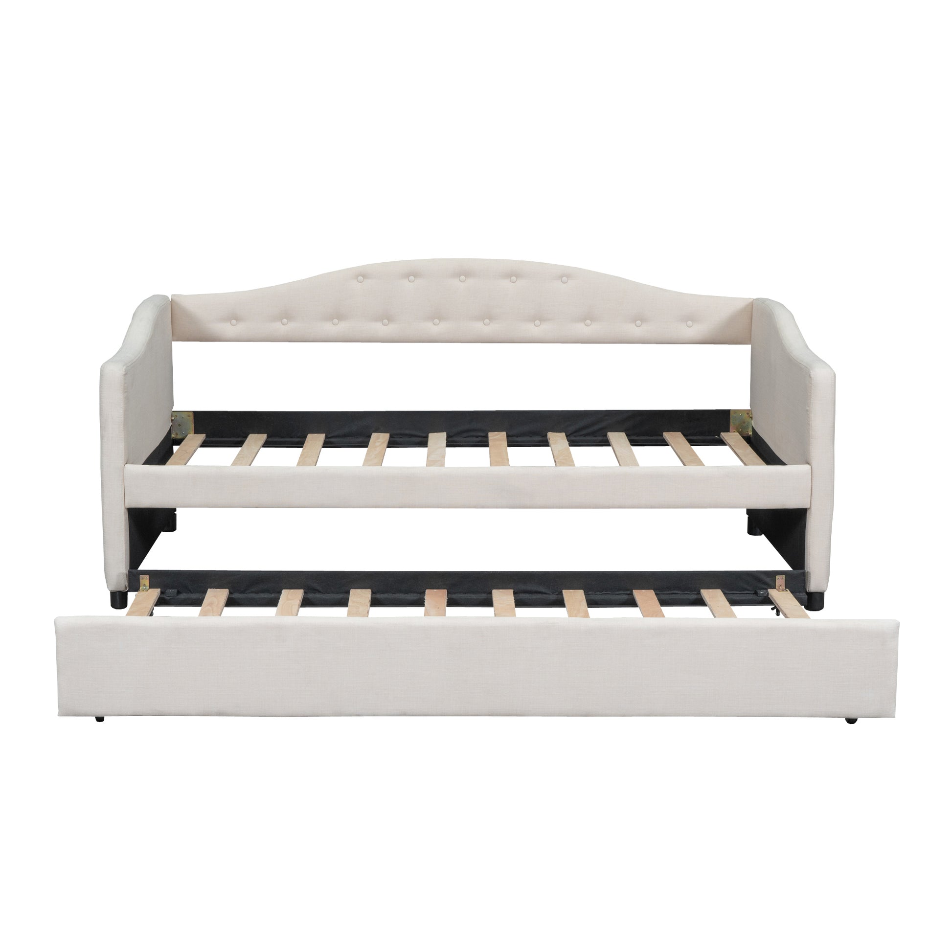 Upholstered Twin Size Daybed With Trundle, Beige Box Spring Not Required Beige Wood Upholstered