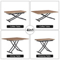 A Modern And Minimalist Multifunctional Lifting Table With A Thickness Of 0.8 Inches. Wooden Grain Craft Sticker Tabletop And Black Metal Table Legs. 4 Faux Leather Upholstered Dining Chairs Natural Wood Wash Metal