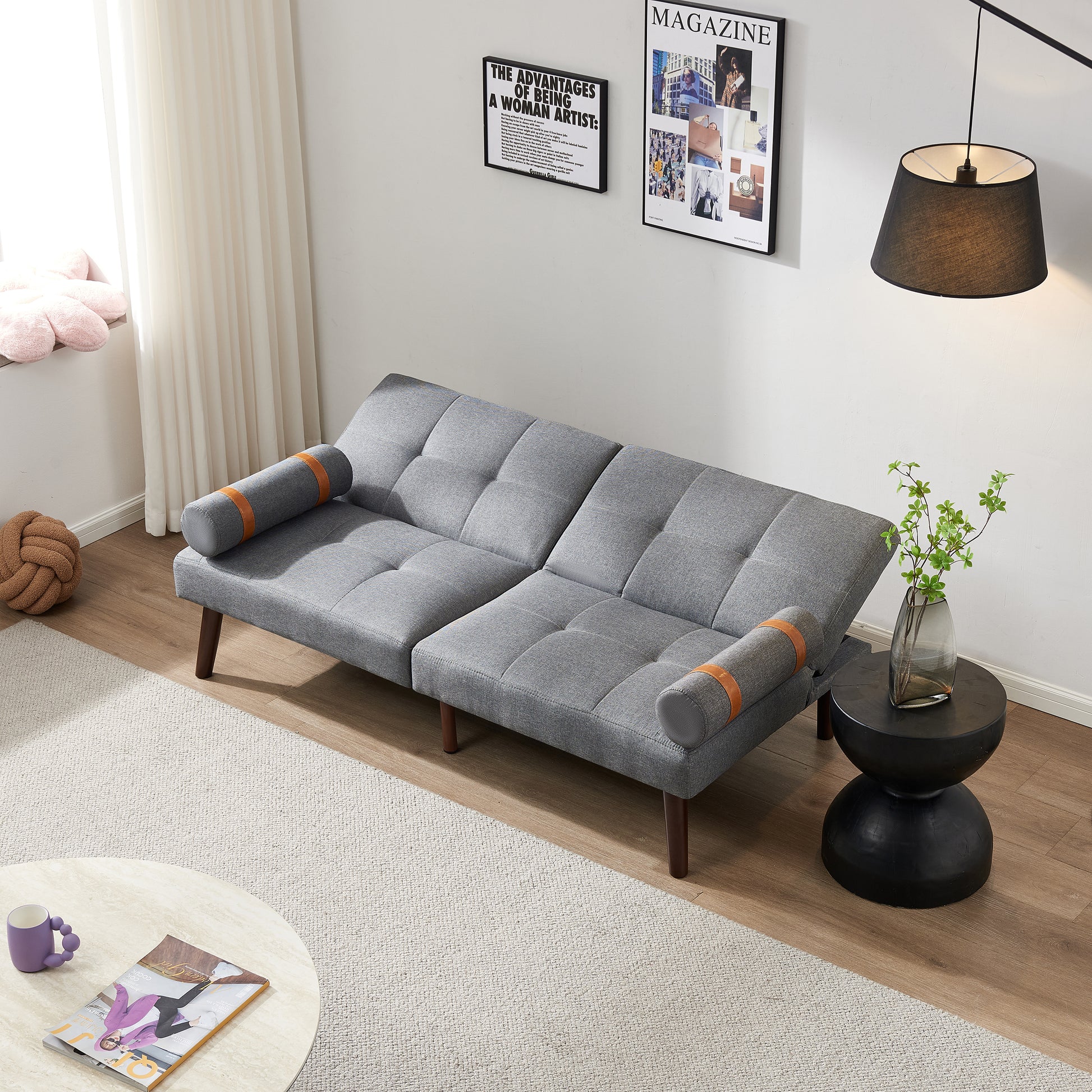 Convertible Sofa Bed Futon With Solid Wood Legs Linen Fabric Grey Grey Fabric