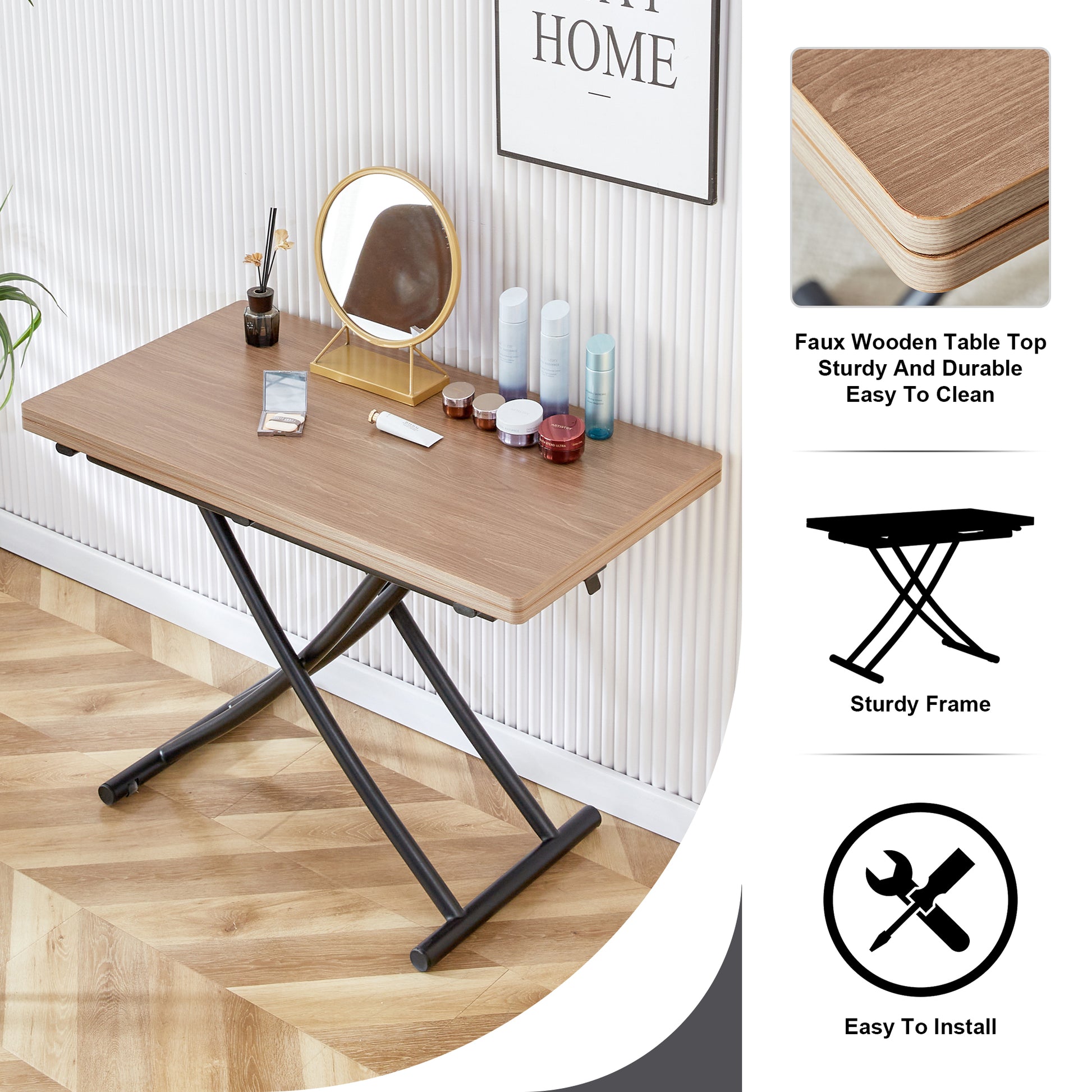 A Modern And Minimalist Multifunctional Lifting Table With A Thickness Of 0.8 Inches. Wooden Grain Craft Sticker Tabletop And Black Metal Table Legs. 4 Faux Leather Upholstered Dining Chairs Natural Wood Wash Metal