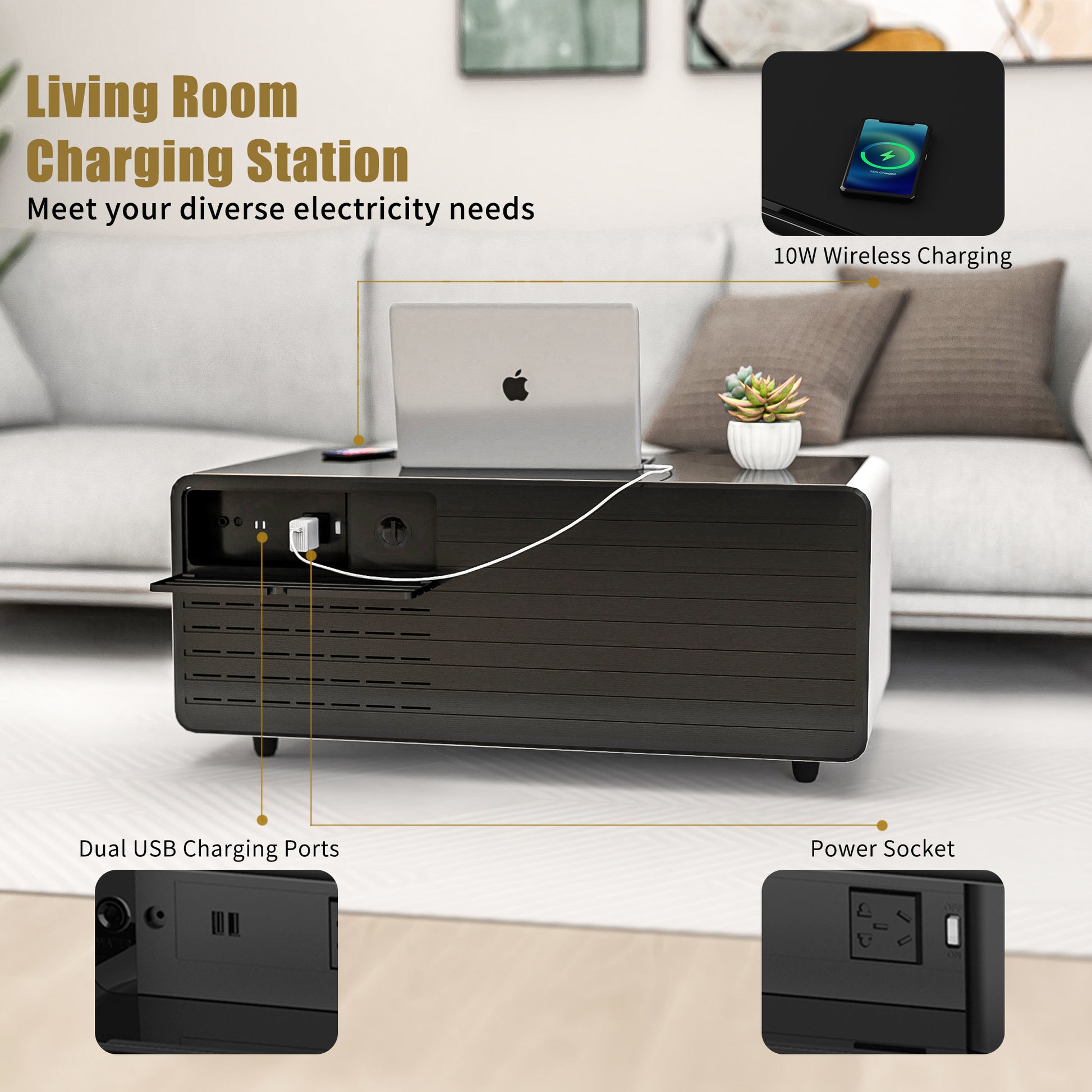 Modern Smart Coffee Table With Built In Fridge, Outlet Protection,Wireless Charging, Mechanical Temperature Control, Power Socket, Usb Interface And Ice Water Interface, White White Built In Outlets Or Usb Primary Living Space Luxury,Modern Freestanding