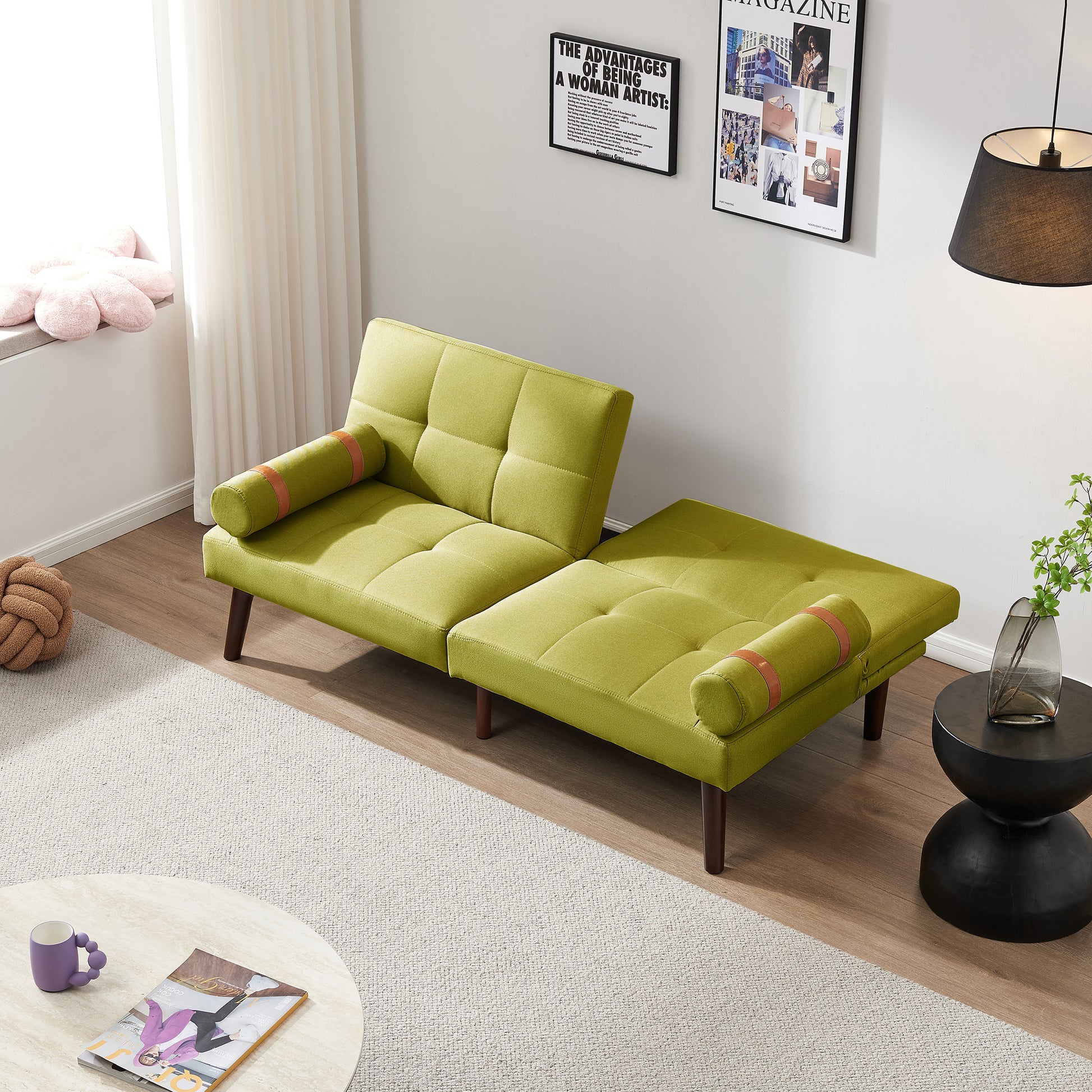 Convertible Sofa Bed Futon With Solid Wood Legs Linen Fabric Musterd Green Light Green Fabric