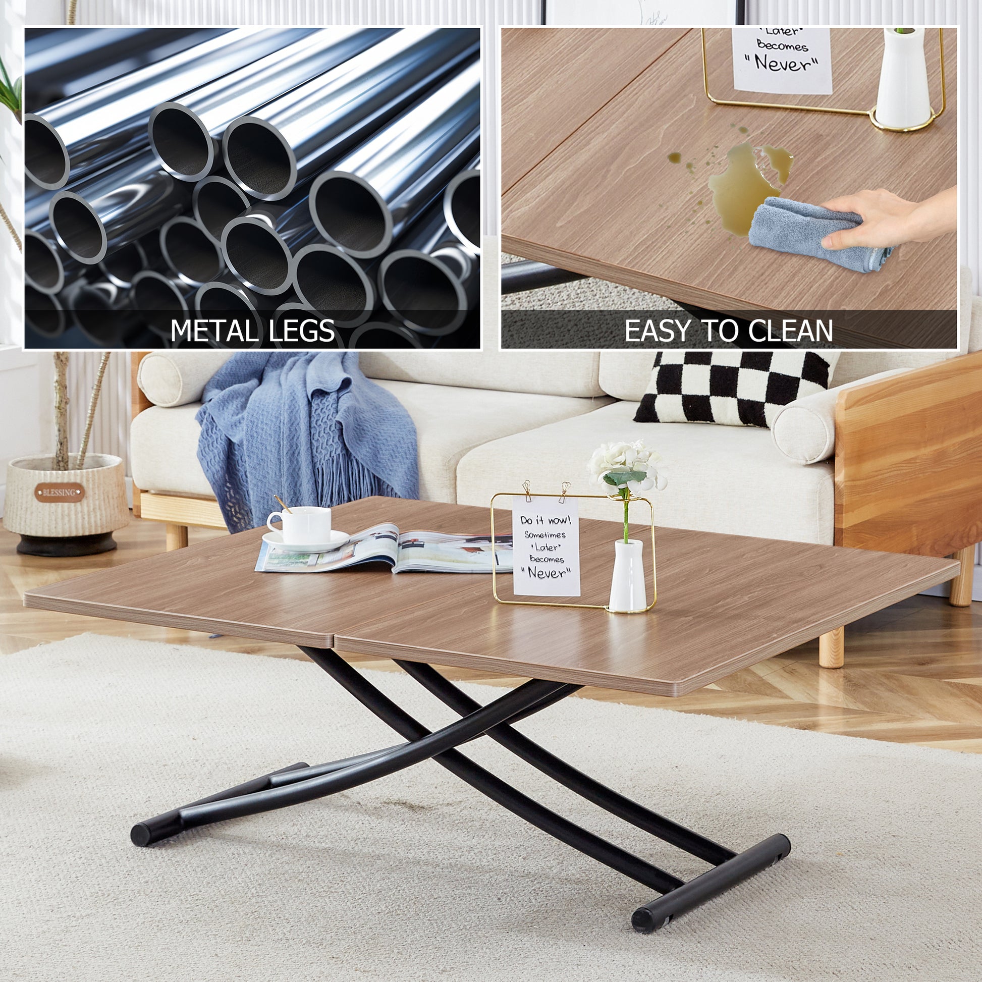 A Modern And Minimalist Multifunctional Lifting Table With A Thickness Of 0.8 Inches. Wooden Grain Craft Sticker Tabletop And Black Metal Table Legs. 4 Faux Leather Upholstered Dining Chairs Natural Wood Wash Metal