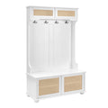 Casual Style Hall Tree Entryway Bench With Rattan Door Shelves And Shoe Cabinets, Solid Wood Feet, White, 40.16