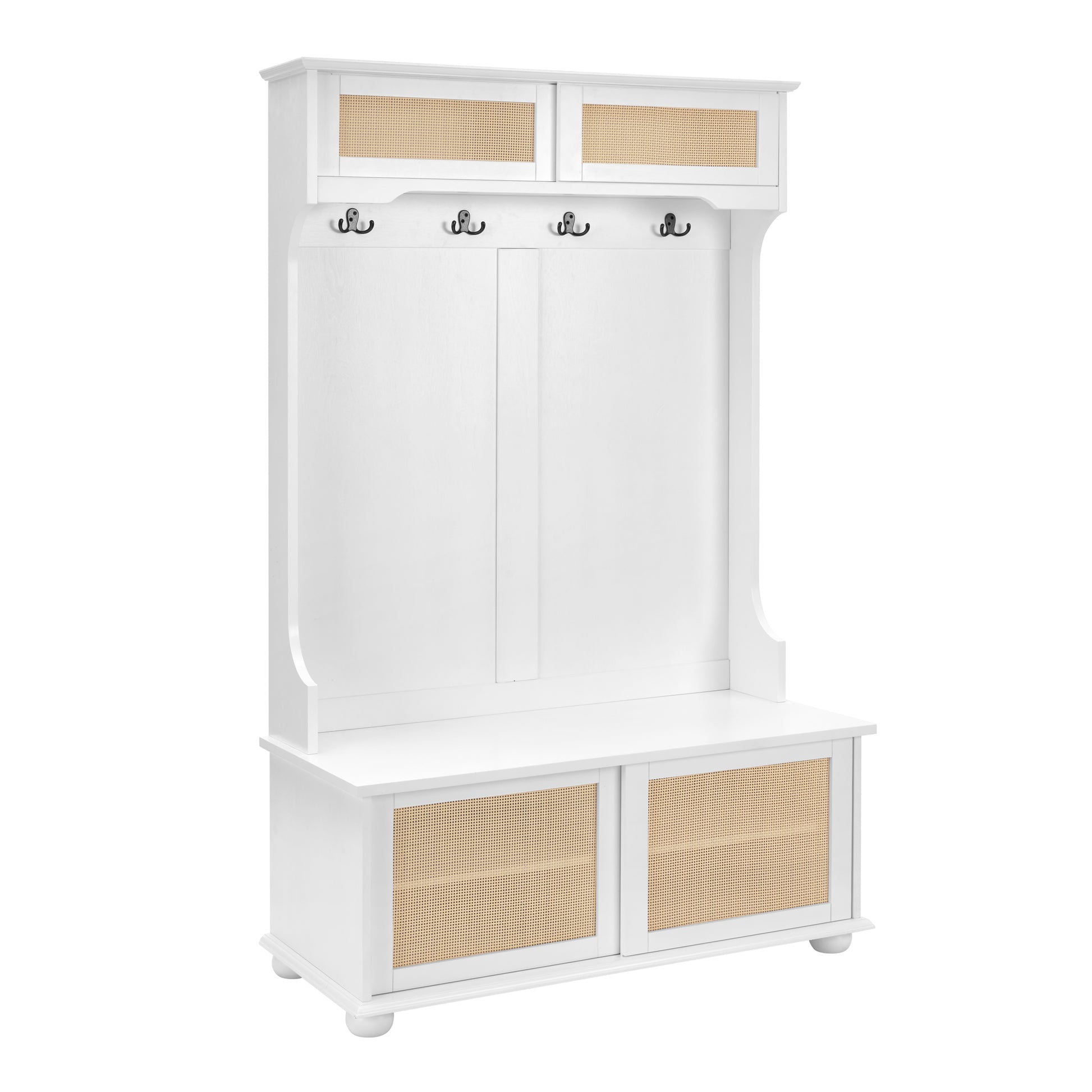 Casual Style Hall Tree Entryway Bench With Rattan Door Shelves And Shoe Cabinets, Solid Wood Feet, White, 40.16"W*18.58"D*64.17"H White Mdf