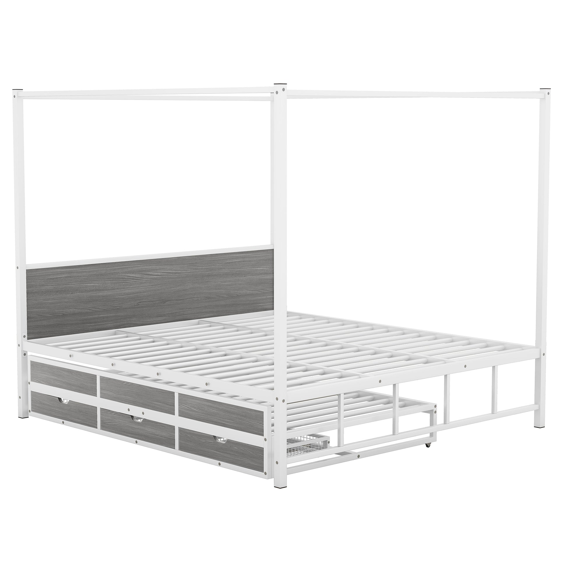 Queen Size Metal Canopy Platform Bed With Twin Size Trundle And 3 Storage Drawers, White Box Spring Not Required Queen White Metal Bedroom Canopy Mdf Metal