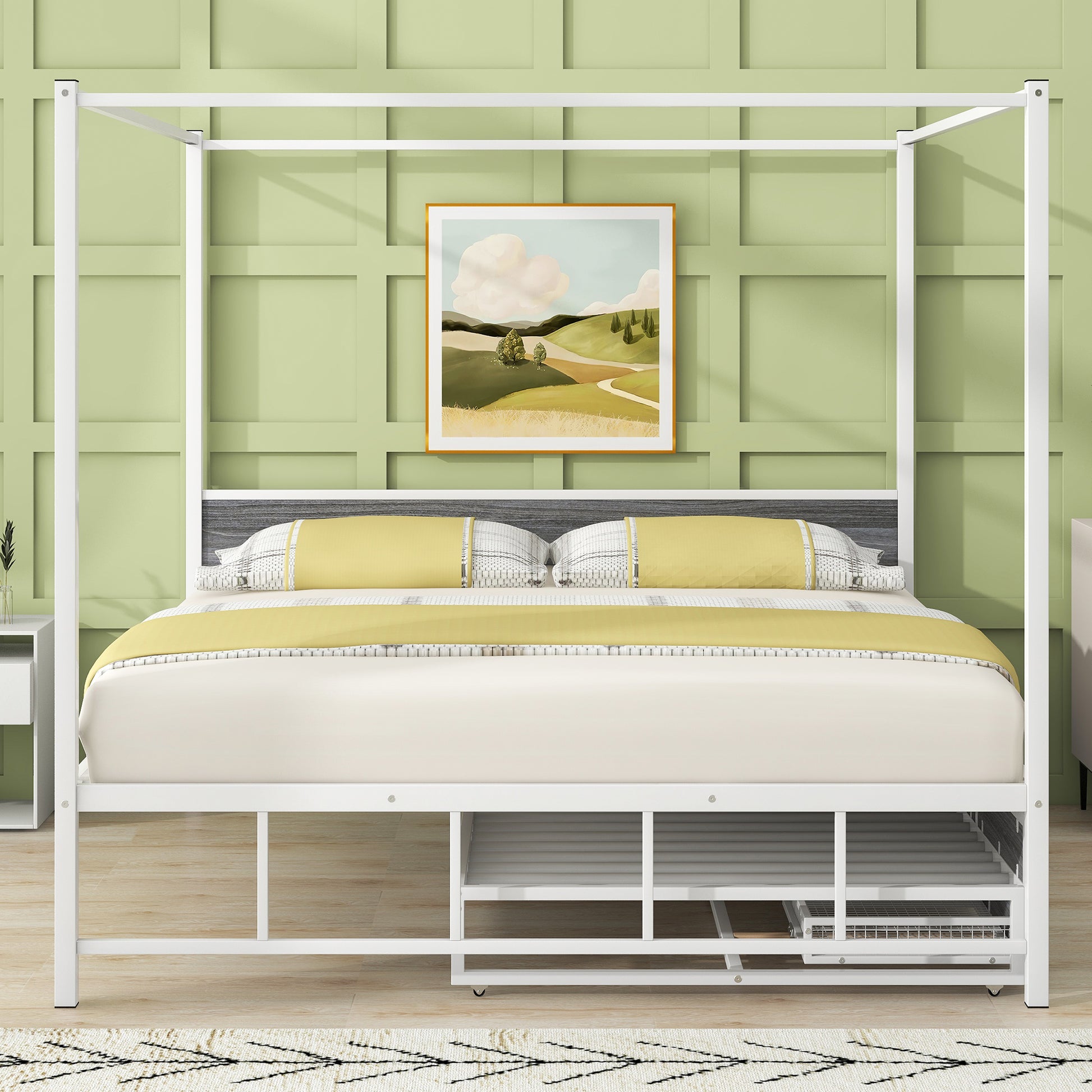 Queen Size Metal Canopy Platform Bed With Twin Size Trundle And 3 Storage Drawers, White Box Spring Not Required Queen White Metal Bedroom Canopy Mdf Metal