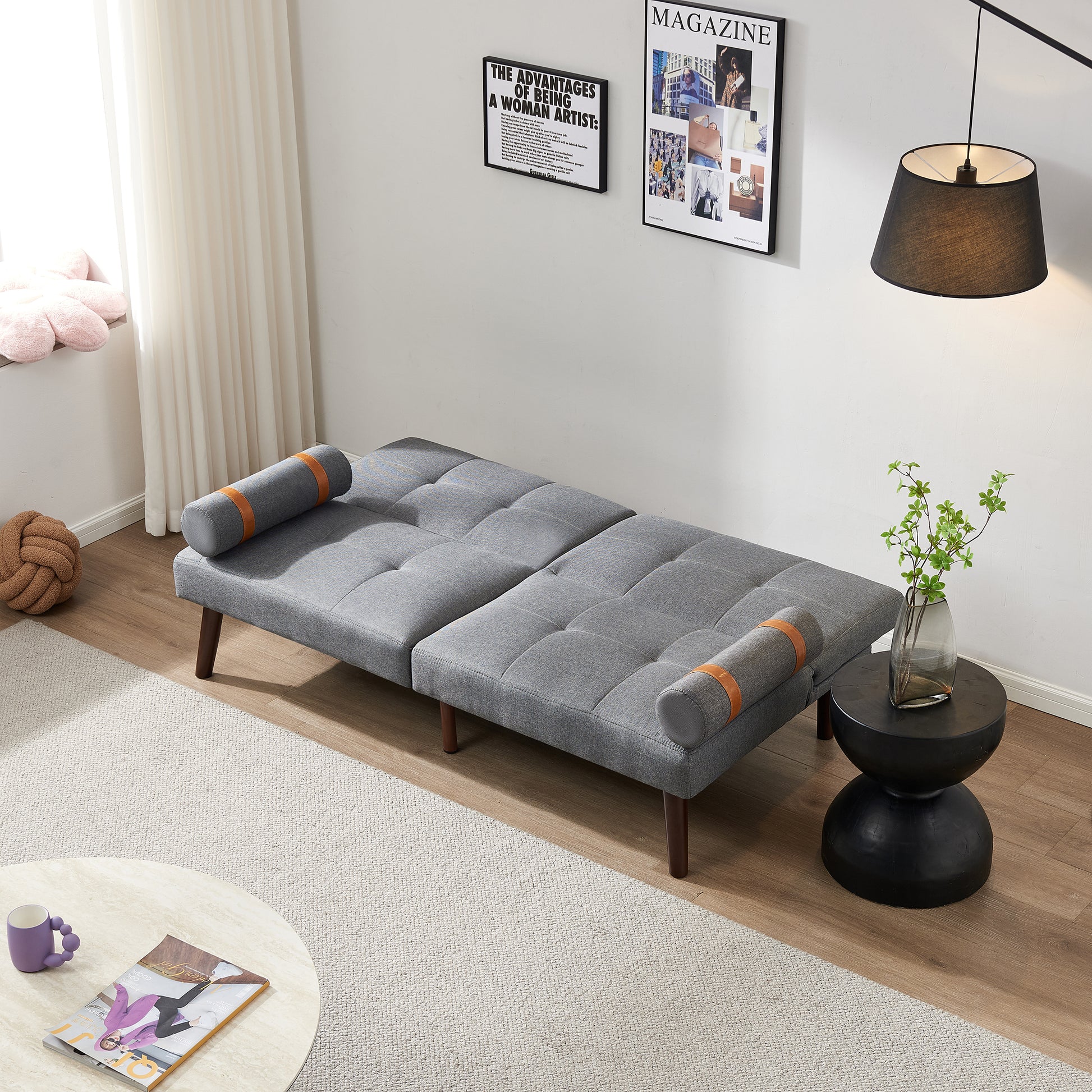 Convertible Sofa Bed Futon With Solid Wood Legs Linen Fabric Grey Grey Fabric