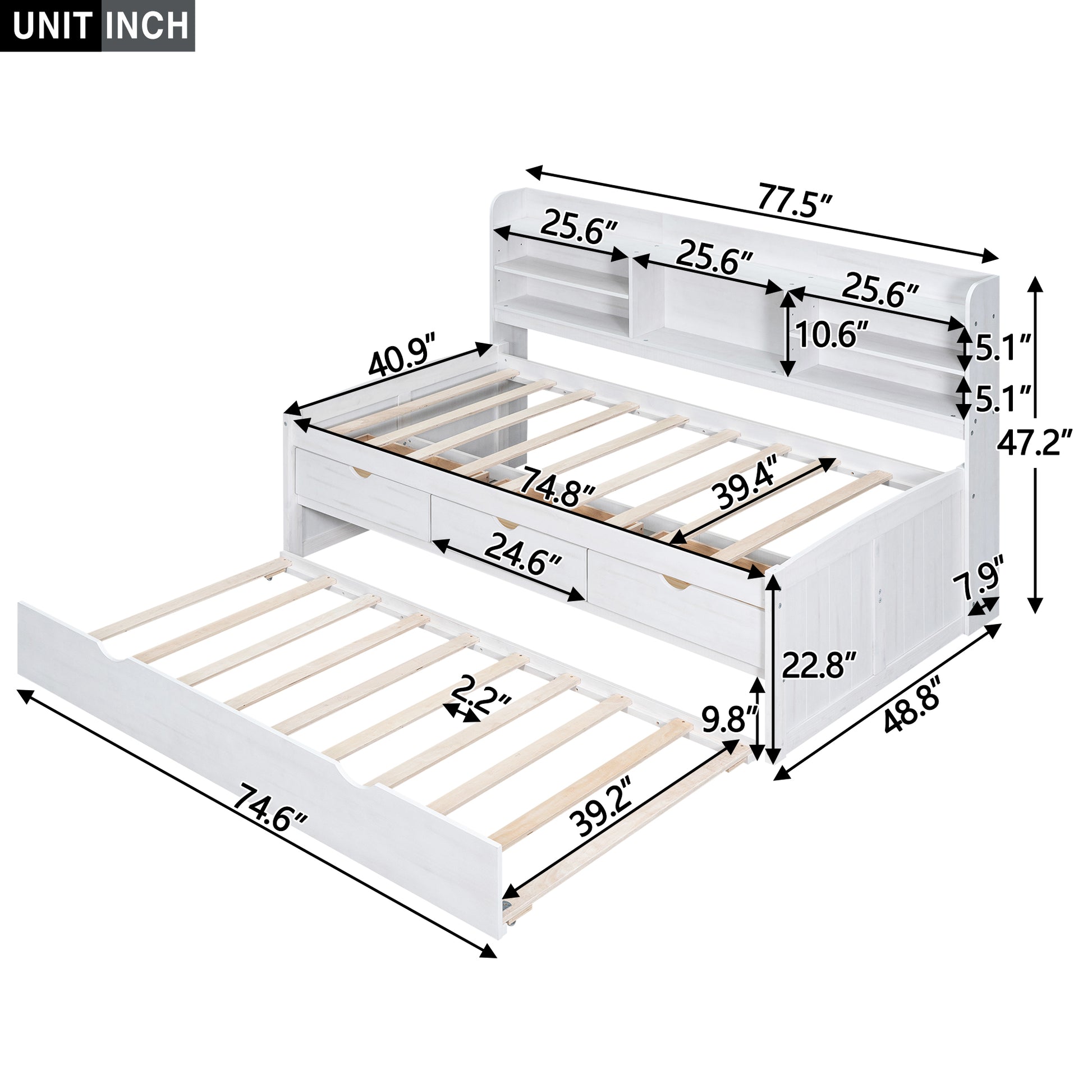 Twin Size Wooden Captain Bed With Built In Bookshelves,Three Storage Drawers And Trundle, White Wash Box Spring Not Required Twin White Washed Wood Pine