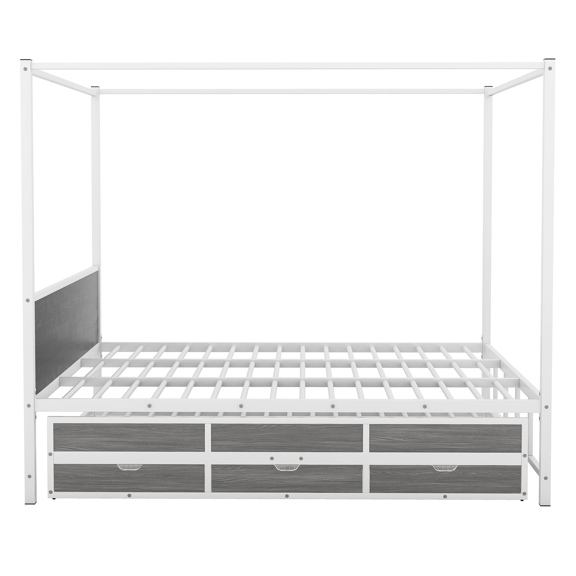 Queen Size Metal Canopy Platform Bed With Twin Size Trundle And 3 Storage Drawers, White Box Spring Not Required Queen White Metal Bedroom Canopy Mdf Metal