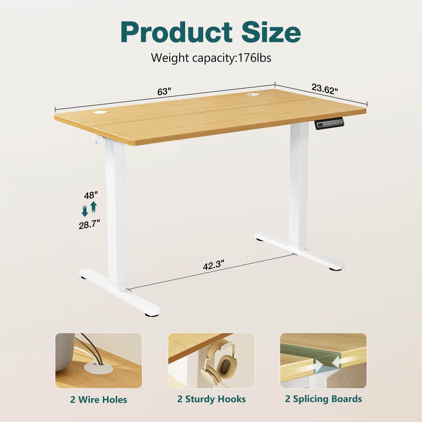 Electric Height Adjustable Standing Desk,Sit To Stand Ergonomic Computer Desk,Yellow,63'' X 24" Yellow Wood