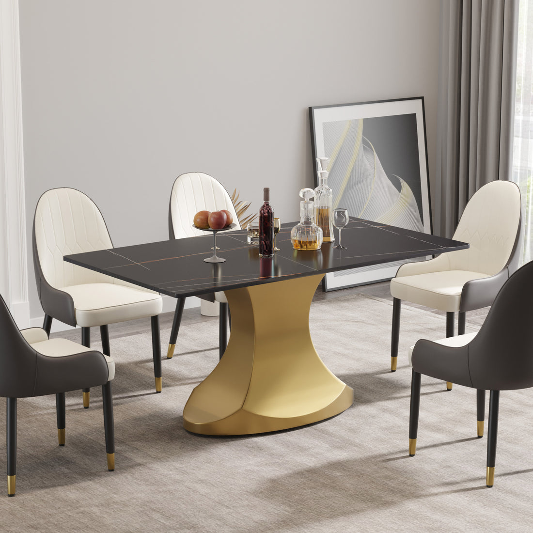 63 "Modern Artificial Stone Black Panel Golden Stainless Steel Curved Legs Can Accommodate 6 8 People Black Gold Dining Room Metal Sintered Stone