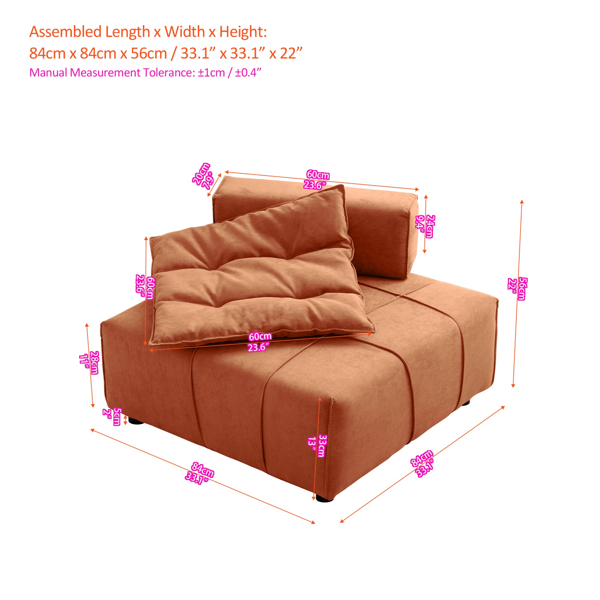 Modular Sectional Single Sofa,Armless Chair With Removable Back Cushion 33.1"For Living Room Caramel Foam 1 Seat