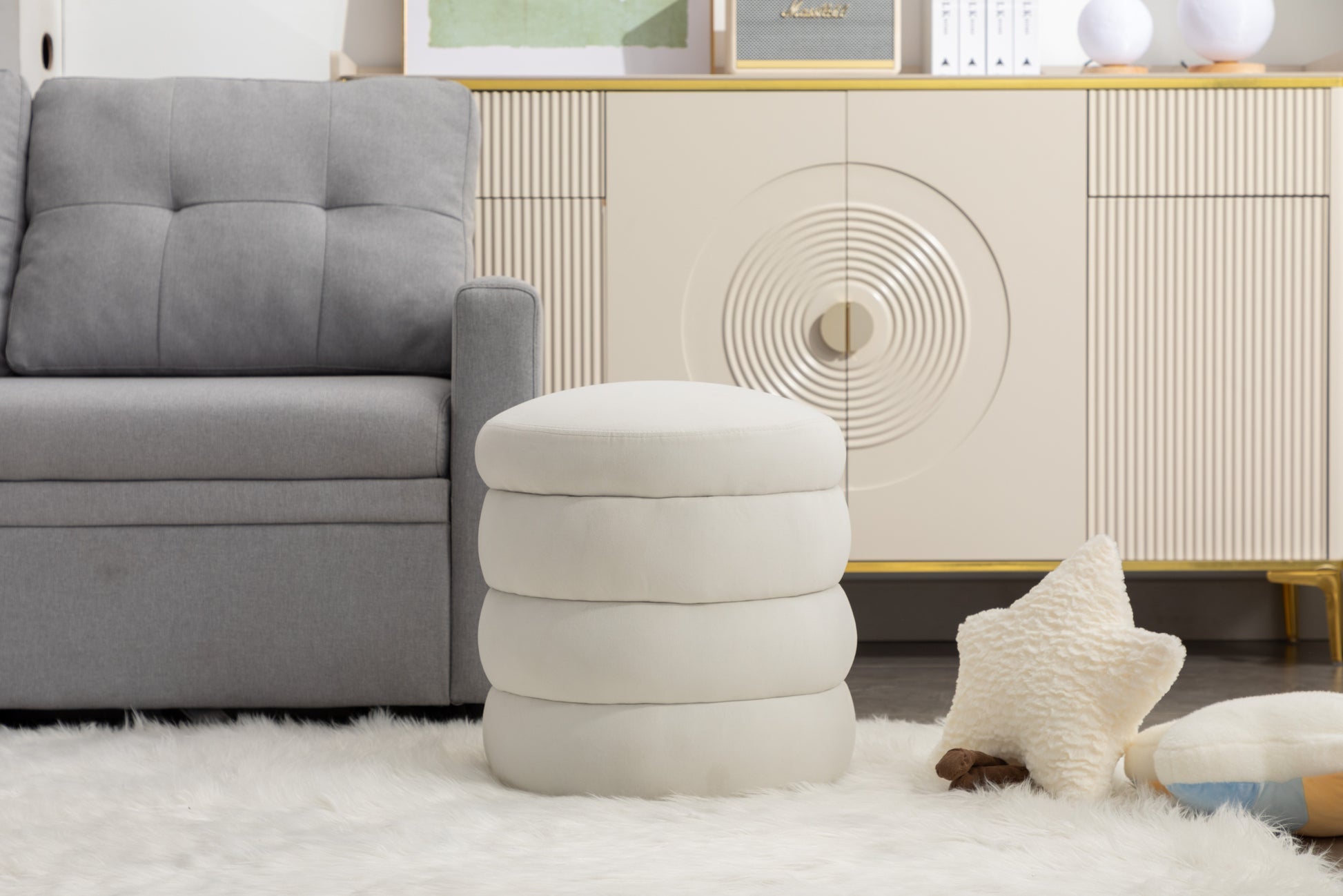 006 Soft Velvet Round Ottoman Footrest Stool,Ivory Ivory Modern Footstool Foam Velvet