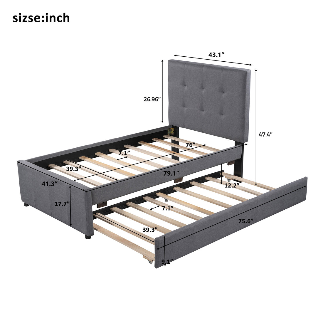 Linen Upholstered Platform Bed With Headboard And Trundle, Twin Old Sku: Sm000504Aae Box Spring Not Required Twin Gray Wood Bedroom Pine Bed Frame Linen Linen