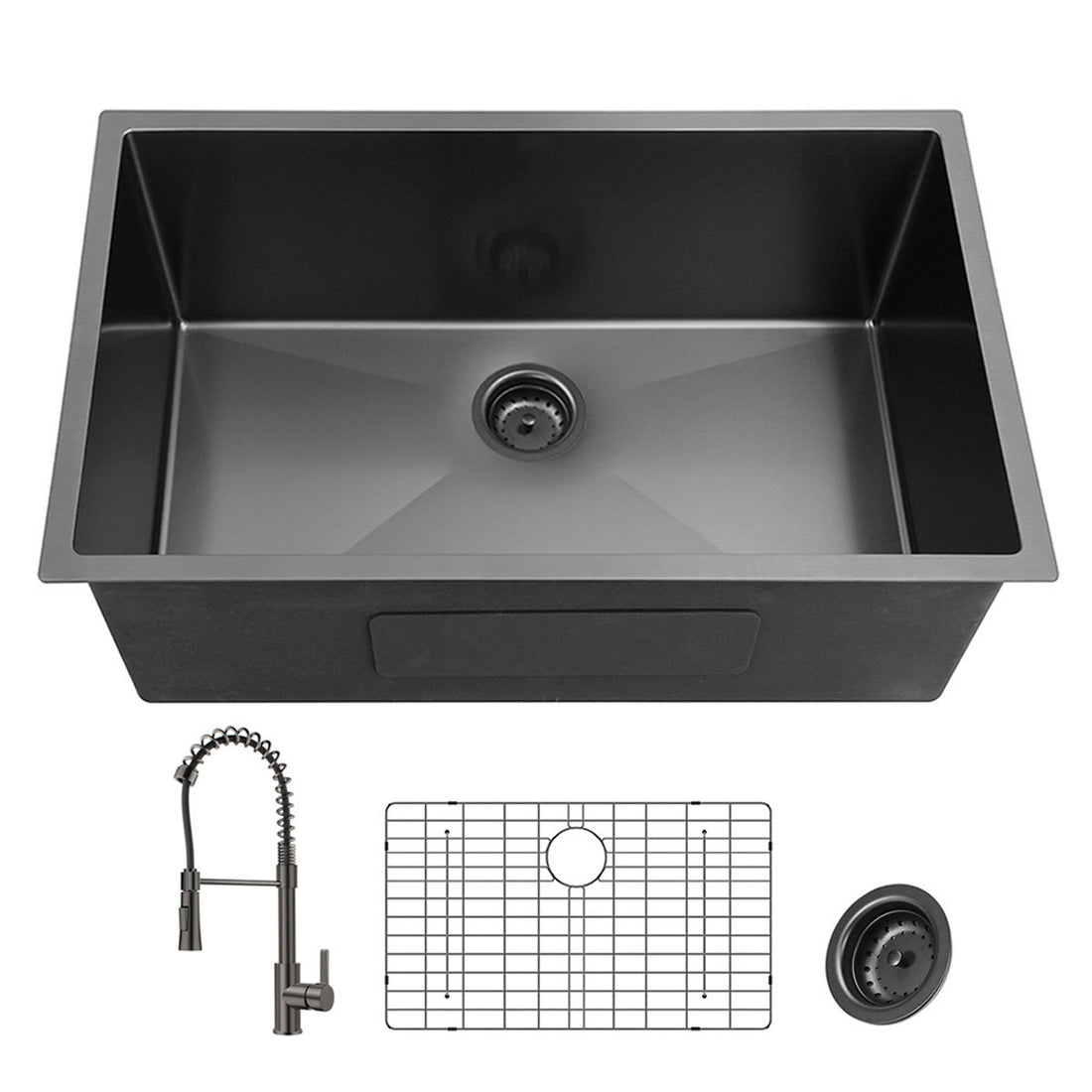 27Inch Gunmetal Black Undermount 18 Guage Stainless Steel Kitchen Sink With Black Spring Neck Faucet Gunmetal Black Stainless Steel