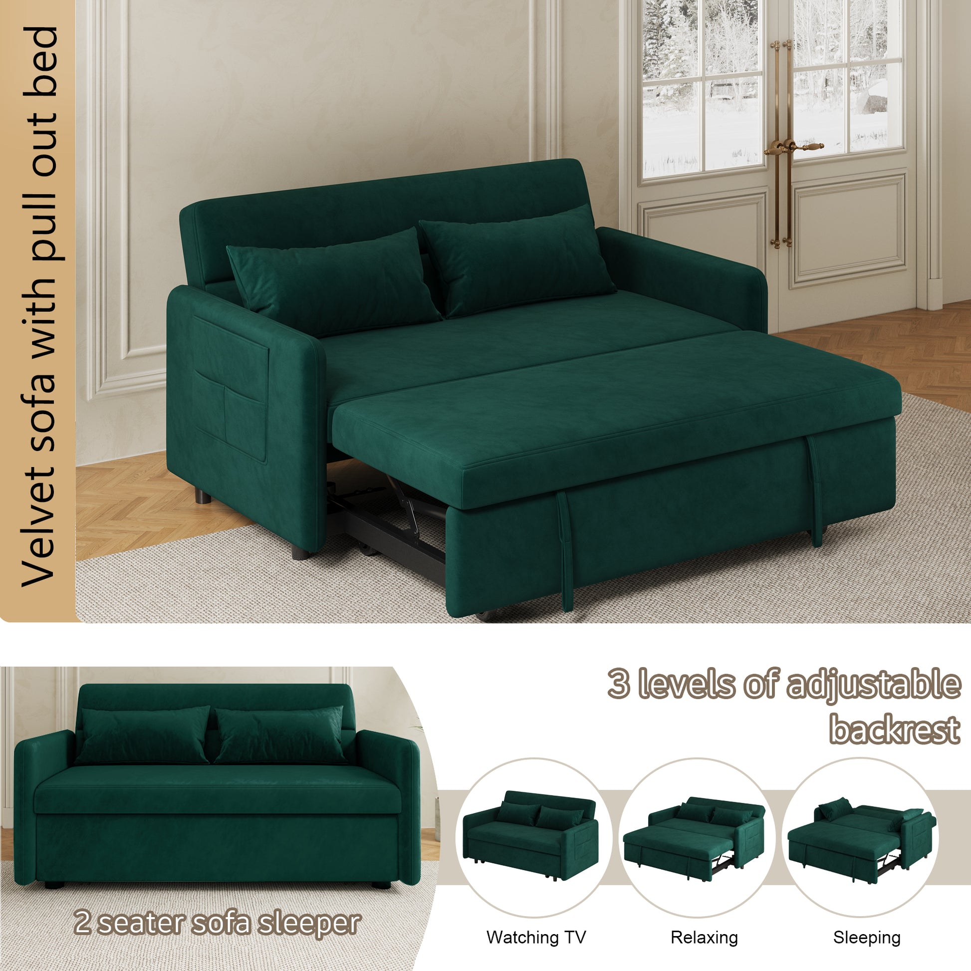 Sofa Pull Out Bed Included Two Pillows 54" Green Velvet Sofa For Small Spaces Green Altay Velvet