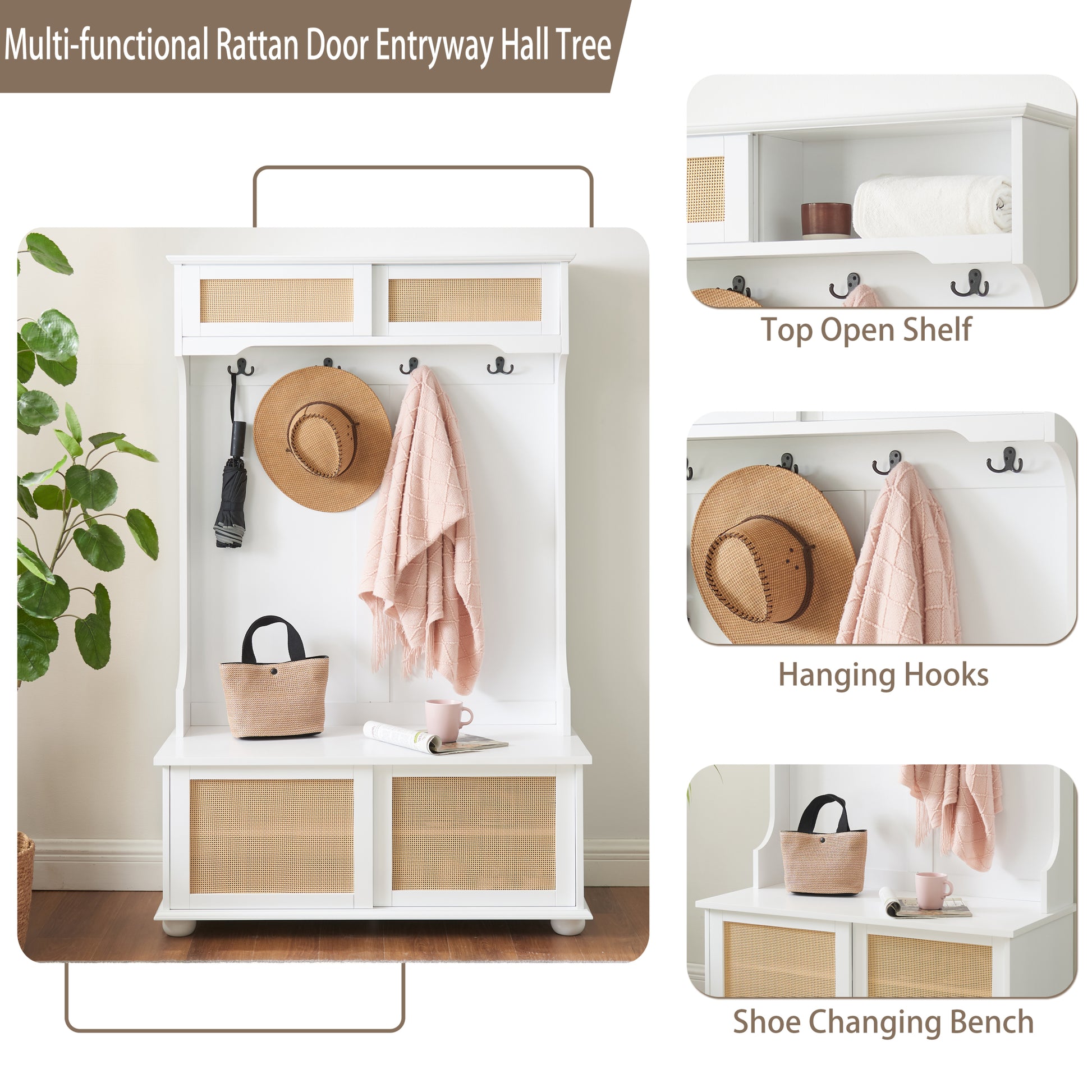 Casual Style Hall Tree Entryway Bench With Rattan Door Shelves And Shoe Cabinets, Solid Wood Feet, White, 40.16"W*18.58"D*64.17"H White Mdf