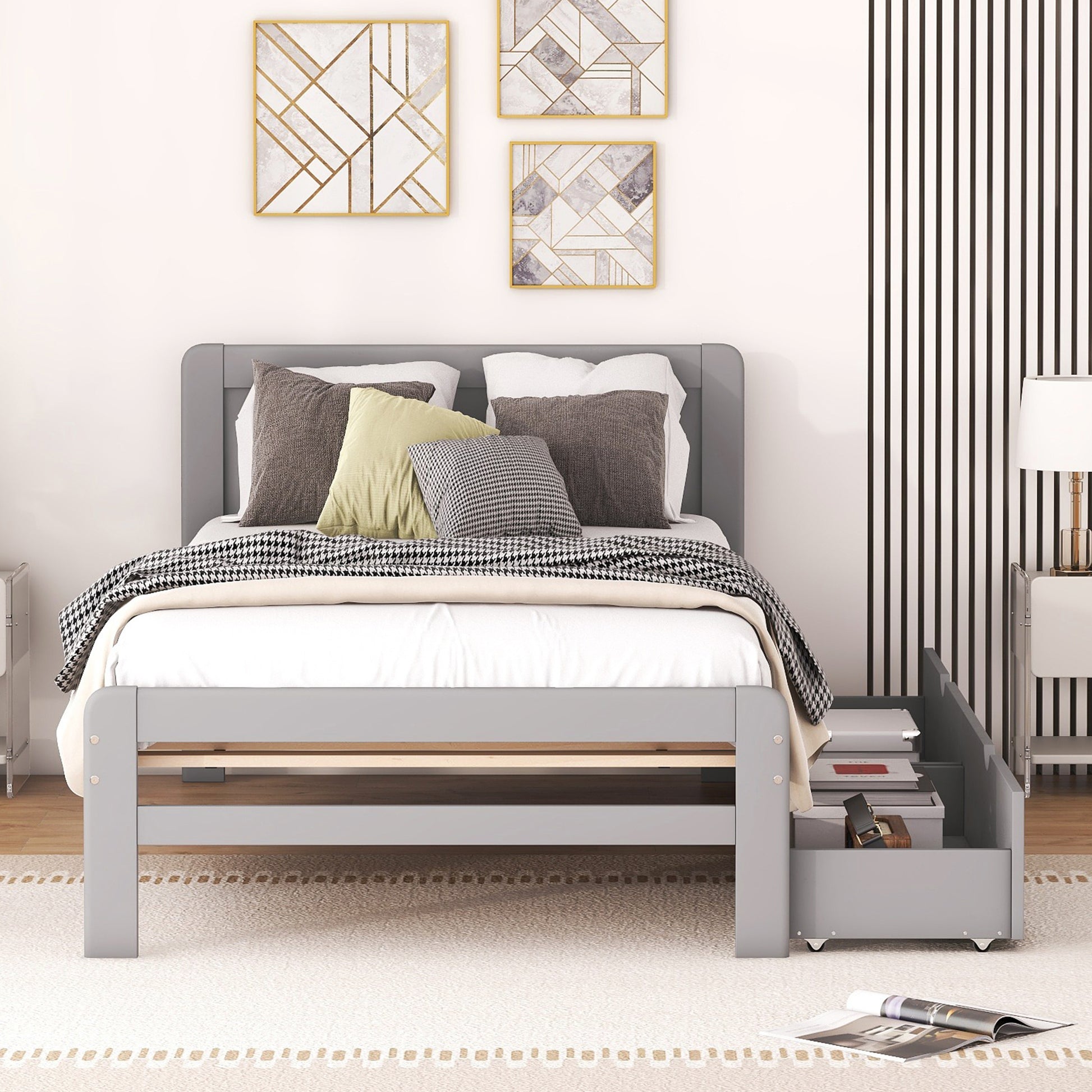 Modern Design Twin Size Platform Bed Frame With 2 Drawers For Grey Color Twin Grey Rubber Wood