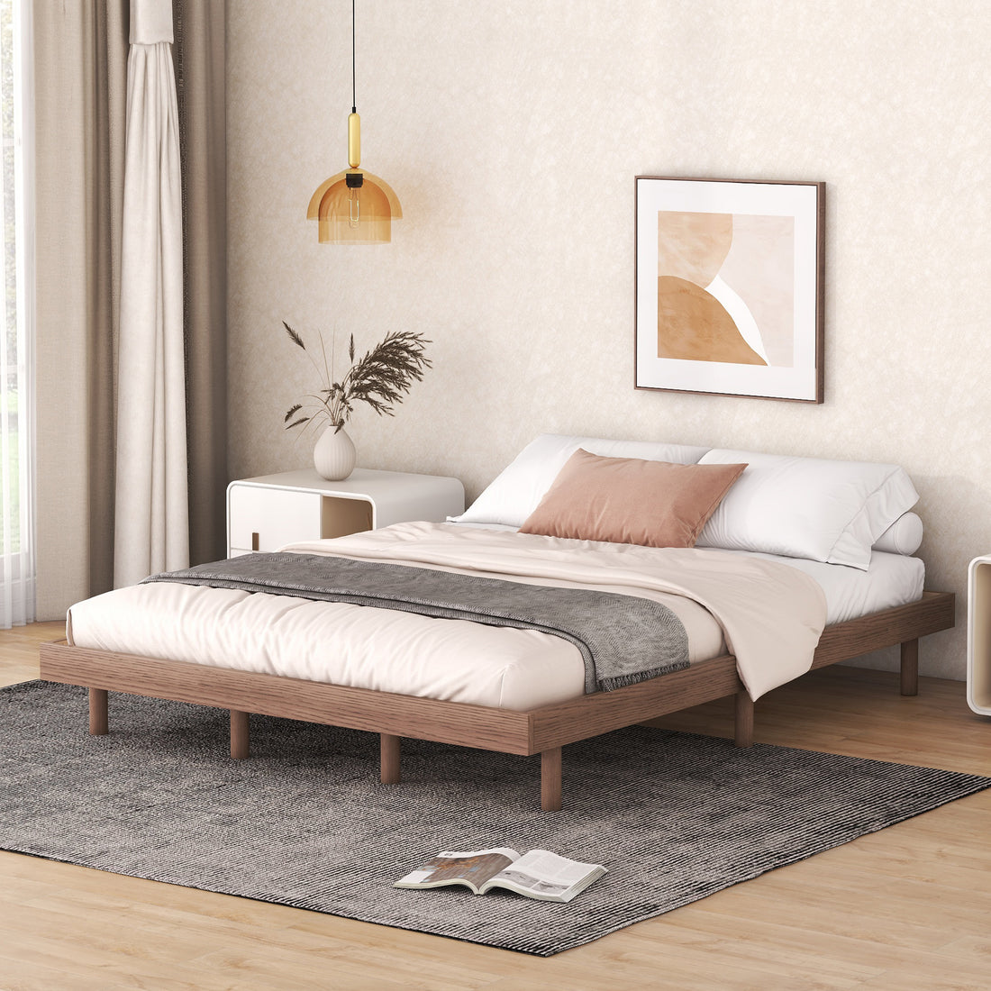 Modern Design Queen Floating Platform Bed Frame For Walnut Color Walnut Particle Board