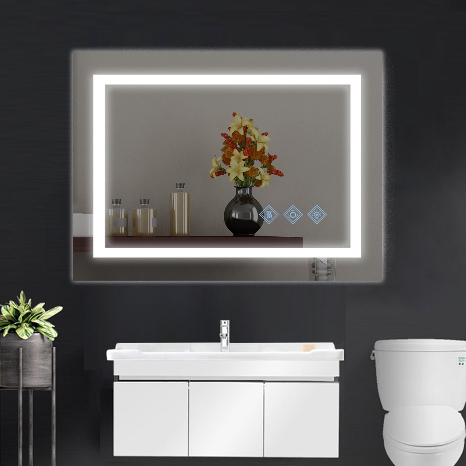 32X24Inch Glossy Brushed Silver 3000 6000K Led Bathroom Mirror With Lights,Anti Fog Dimmable Lighted Wall Mounted Vanity Mirror Master Bath Modern Makeup Only Mirrors, Not Cabinets Horizontal&Vertical Silver Classic,Modern Aluminium Alloy