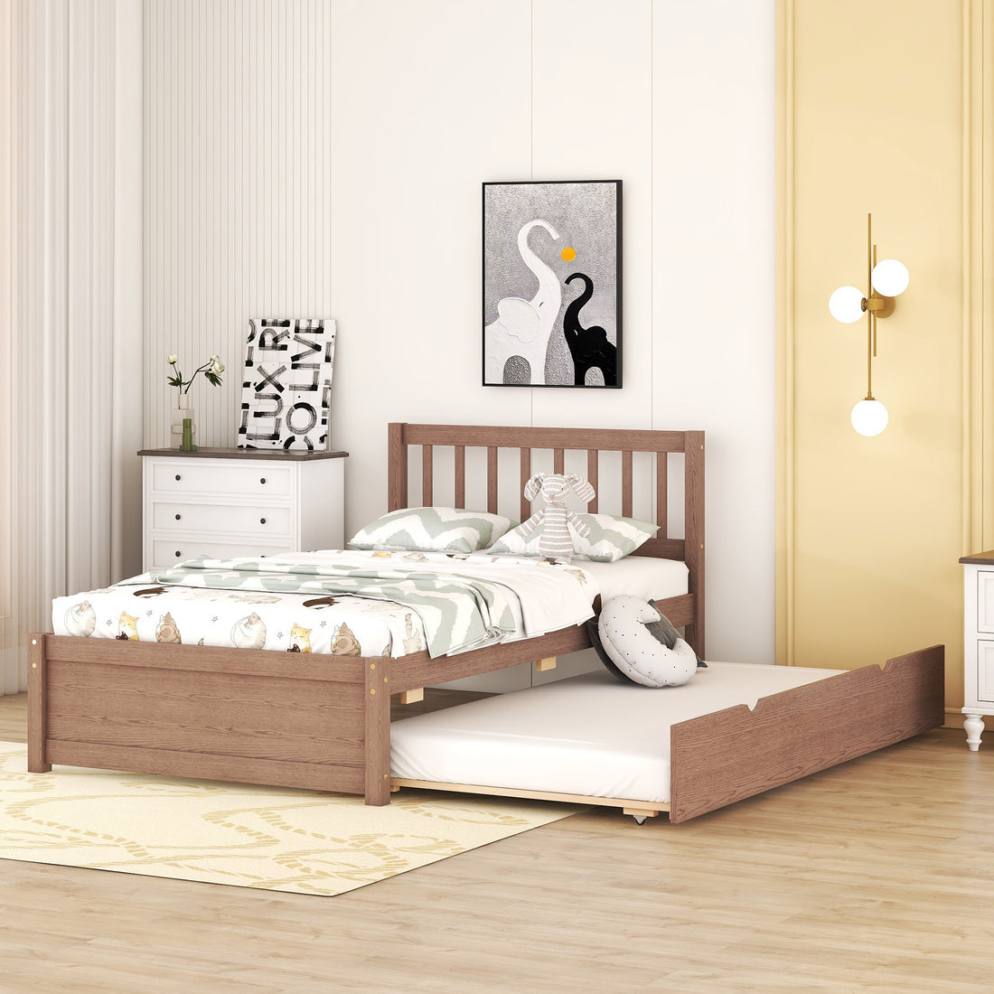 Modern Design Wooden Twin Size Platform Bed Frame With Trundle For Walnut Color Walnut Rubber Wood