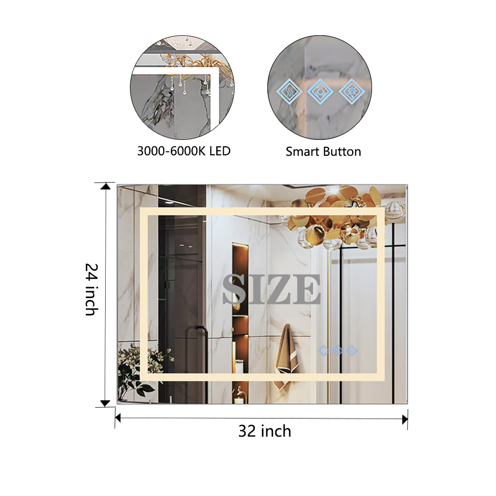 32X24Inch Glossy Brushed Silver 3000 6000K Led Bathroom Mirror With Lights,Anti Fog Dimmable Lighted Wall Mounted Vanity Mirror Master Bath Modern Makeup Only Mirrors, Not Cabinets Horizontal&Vertical Silver Classic,Modern Aluminium Alloy