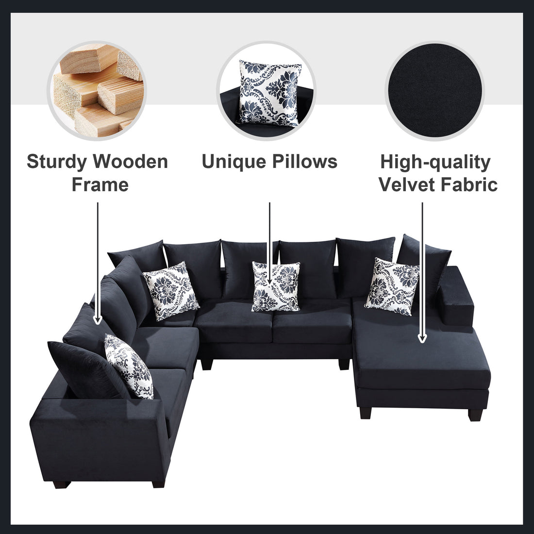 110*85" Modern U Shape Sectional Sofa, Velvet Corner Couch With Lots Of Pillows Included,Elegant And Functional Indoor Furniture For Living Room, Apartment, Office,2 Colors Black Velvet