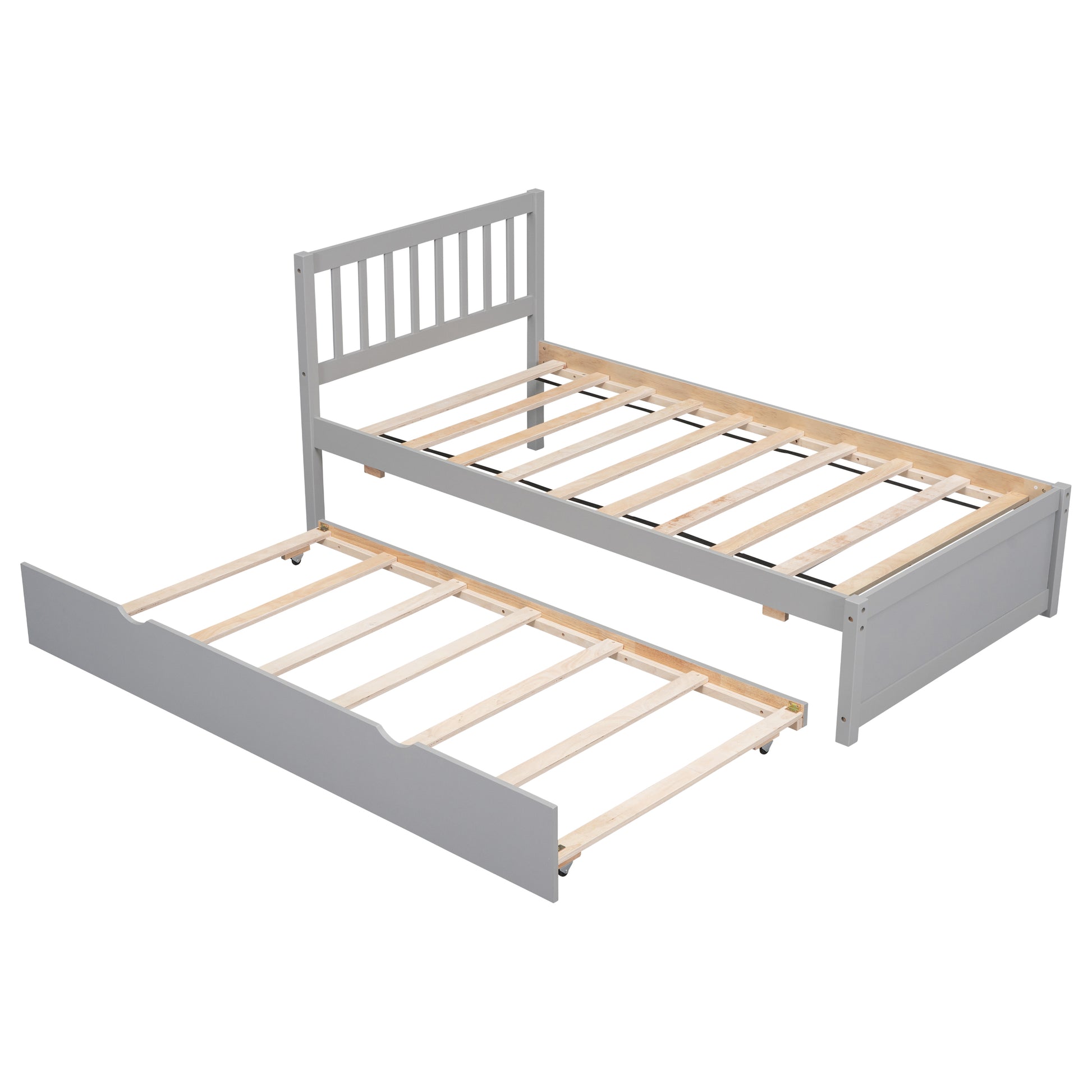 Modern Design Wooden Twin Size Platform Bed Frame With Trundle For Grey Color Grey Rubber Wood