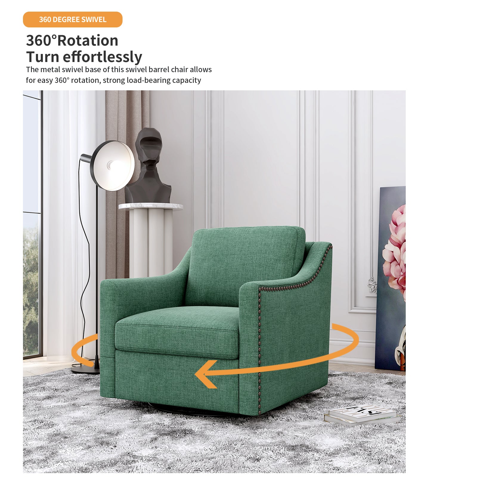 360 Degree Swivel Armchair Cotton Linen Skin Friendly Fabric Ergonomic Design Brass Nail Decorative Armchair Living Room Chairs Bedroom Chairs Living Room Chairs Black Legs Suitable For Indoor Homes