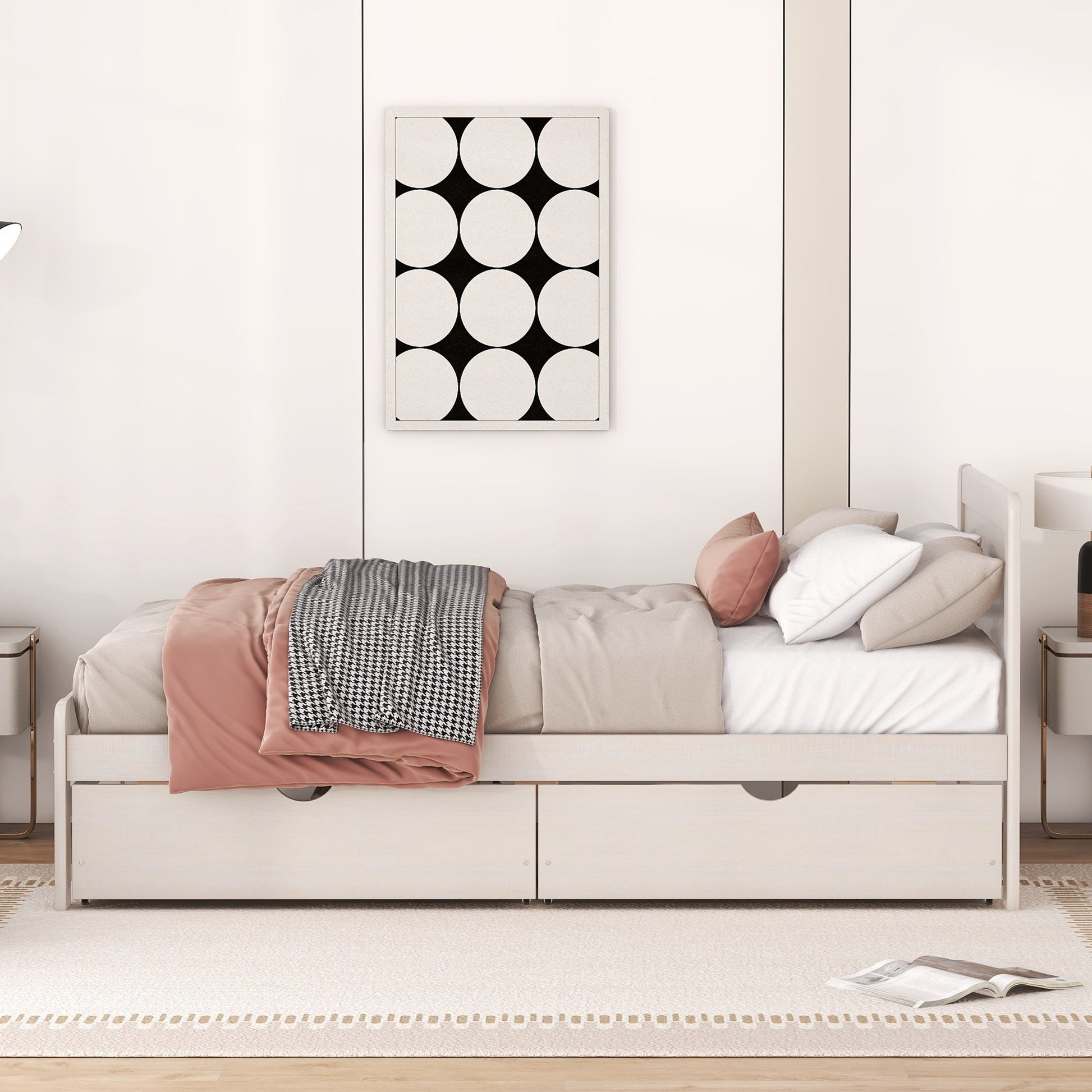Modern Design Twin Size Platform Bed Frame With 2 Drawers For White Washed Color Twin White Washed Rubber Wood