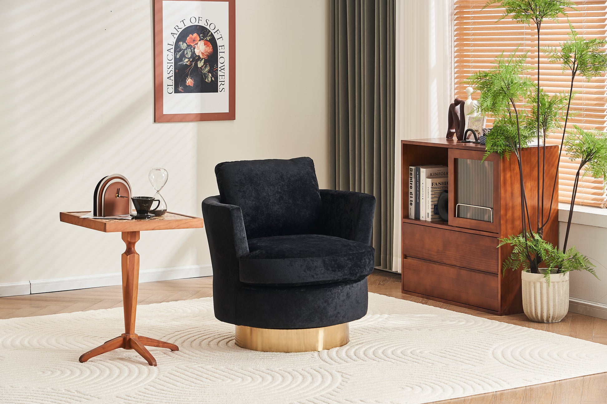 Velvet Swivel Barrel Chair, Swivel Accent Chairs Armchair For Living Room, Reading Chairs For Bedroom Comfy, Round Barrel Chairs With Gold Stainless Steel Base Black Black Primary Living Space