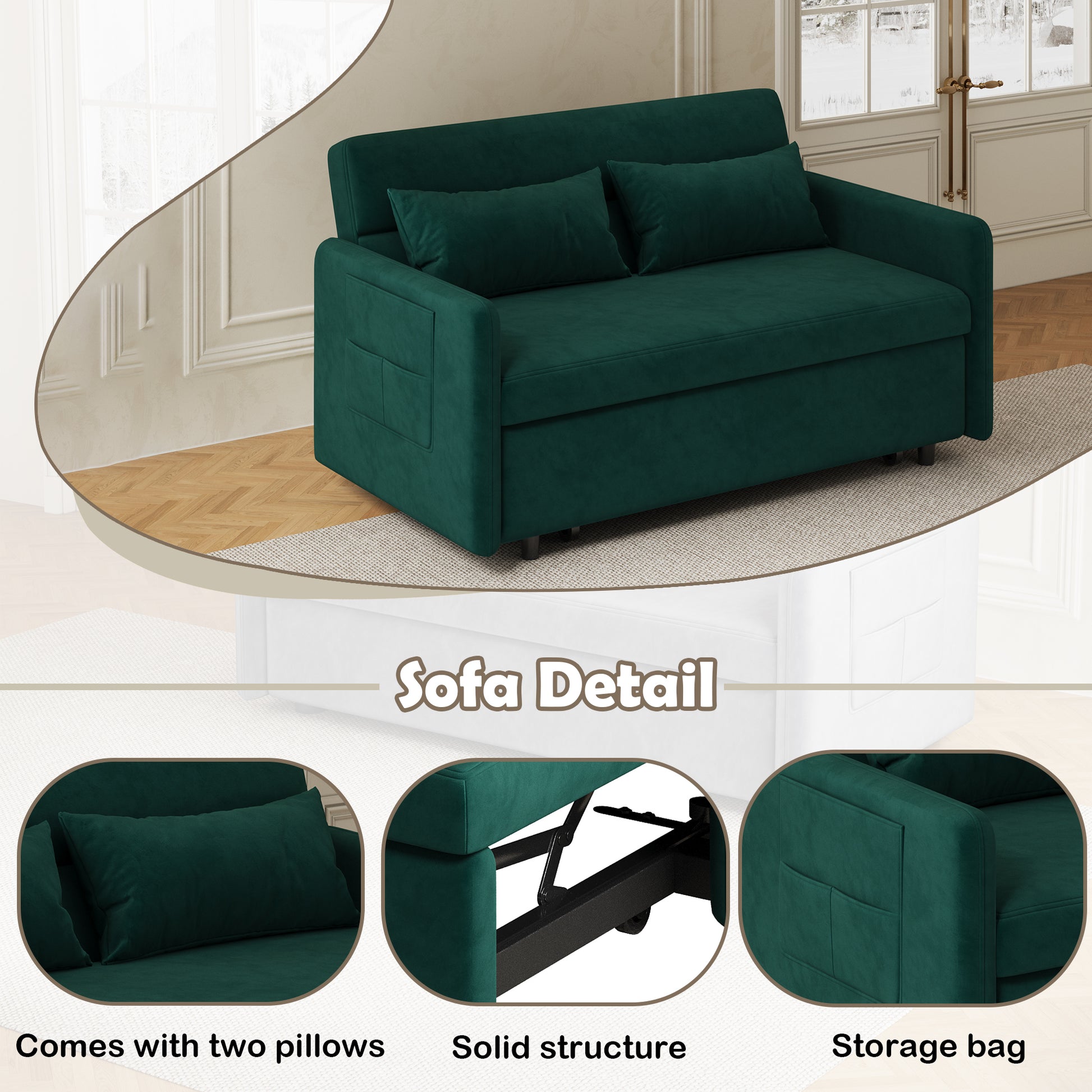 Sofa Pull Out Bed Included Two Pillows 54" Green Velvet Sofa For Small Spaces Green Altay Velvet