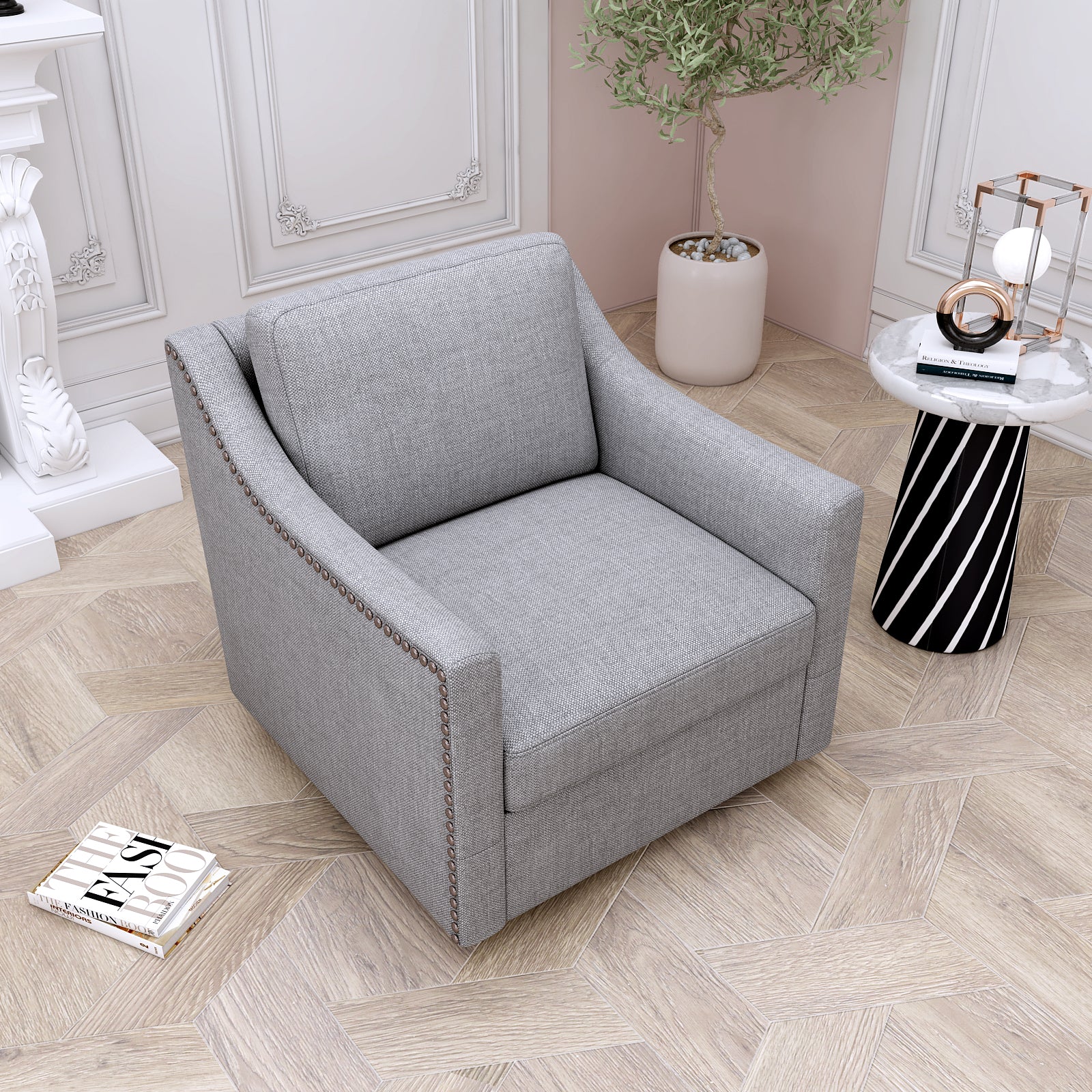 360 Degree Swivel Armchair Cotton Linen Skin Friendly Fabric Ergonomic Design Brass Nail Decorative Armchair Living Room Chairs Bedroom Chairs Living Room Chairs Black Legs Suitable For Indoor Homes