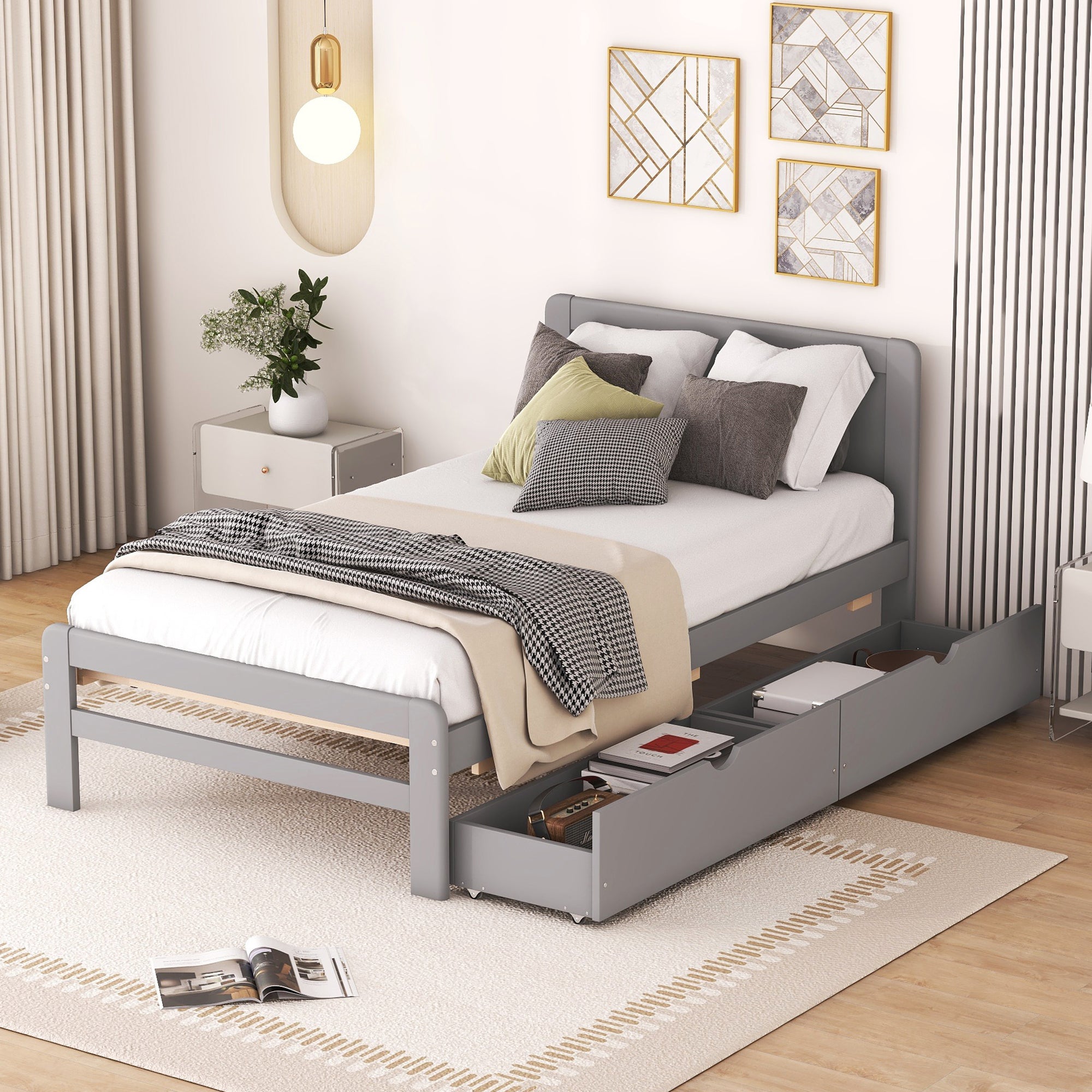 Modern Design Twin Size Platform Bed Frame With 2 Drawers For Grey Color Twin Grey Rubber Wood