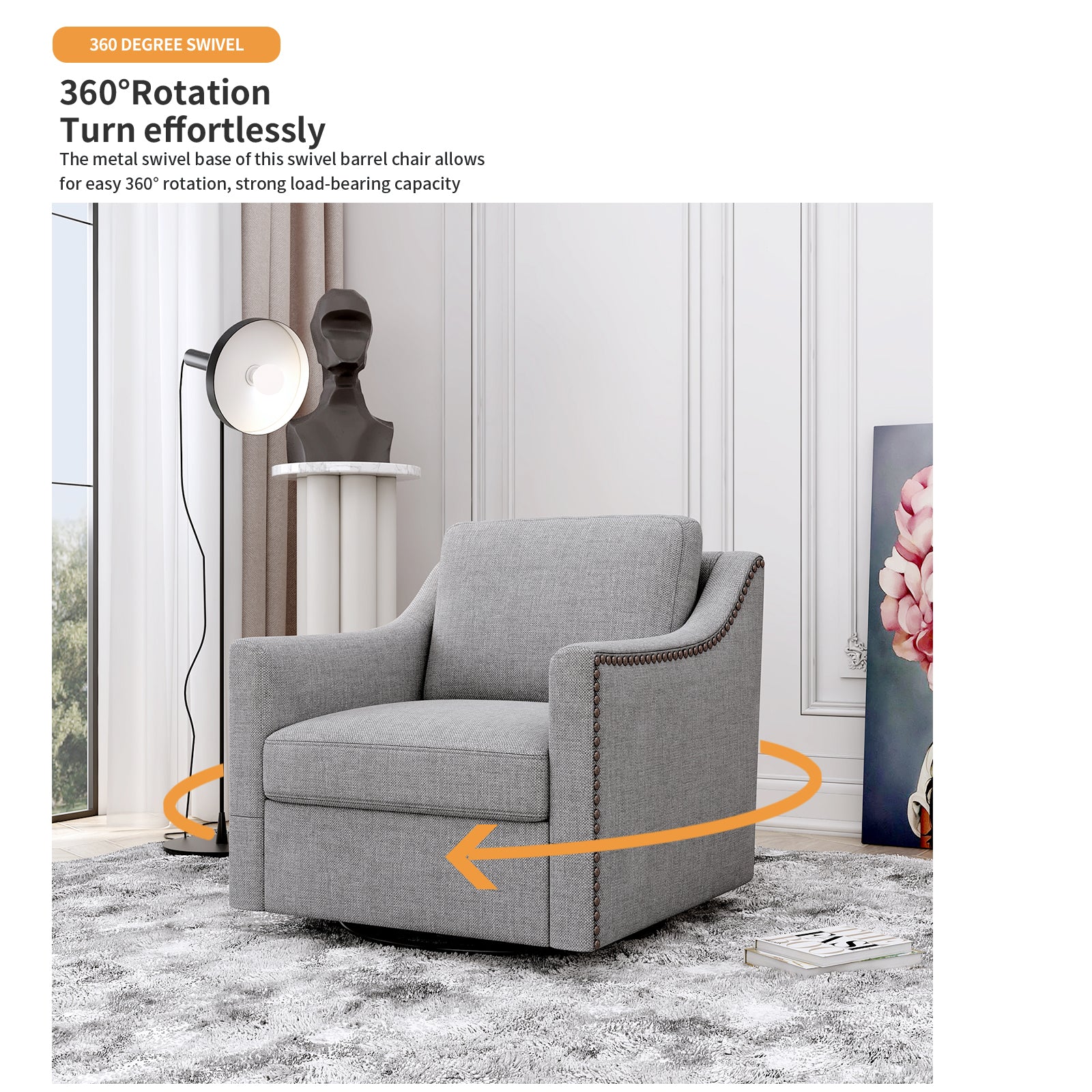 360 Degree Swivel Armchair Cotton Linen Skin Friendly Fabric Ergonomic Design Brass Nail Decorative Armchair Living Room Chairs Bedroom Chairs Living Room Chairs Black Legs Suitable For Indoor Homes