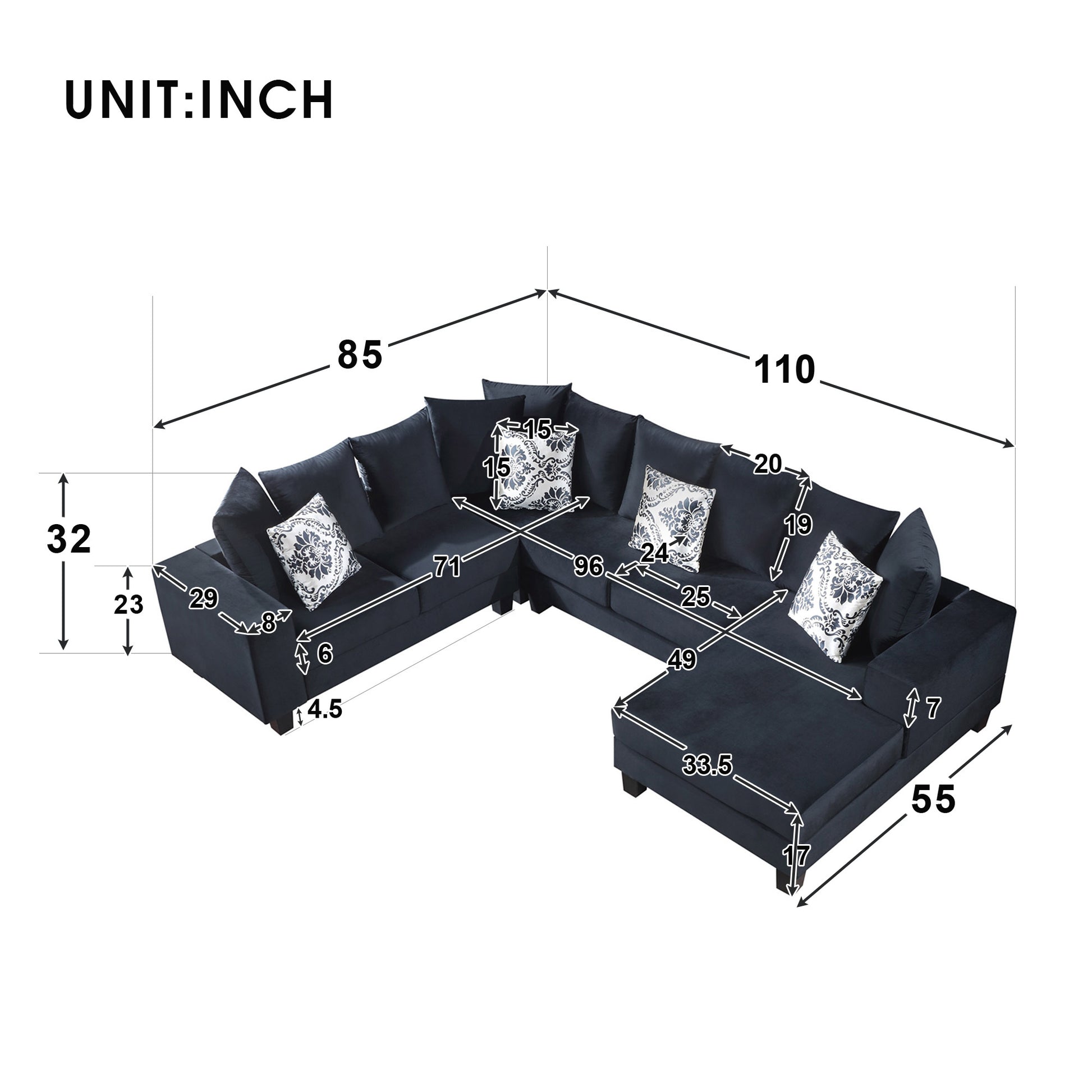 110*85" Modern U Shape Sectional Sofa, Velvet Corner Couch With Lots Of Pillows Included,Elegant And Functional Indoor Furniture For Living Room, Apartment, Office,2 Colors Black Velvet