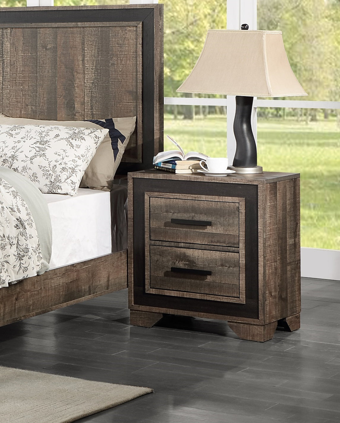 Oak Finish 1Pc Nightstand Paper Veneer Bedroom Furniture 2 Drawers Bedside Table Oak 2 Drawers Bedroom Bedside Cabinet Contemporary,Modern,Transitional Particle Board