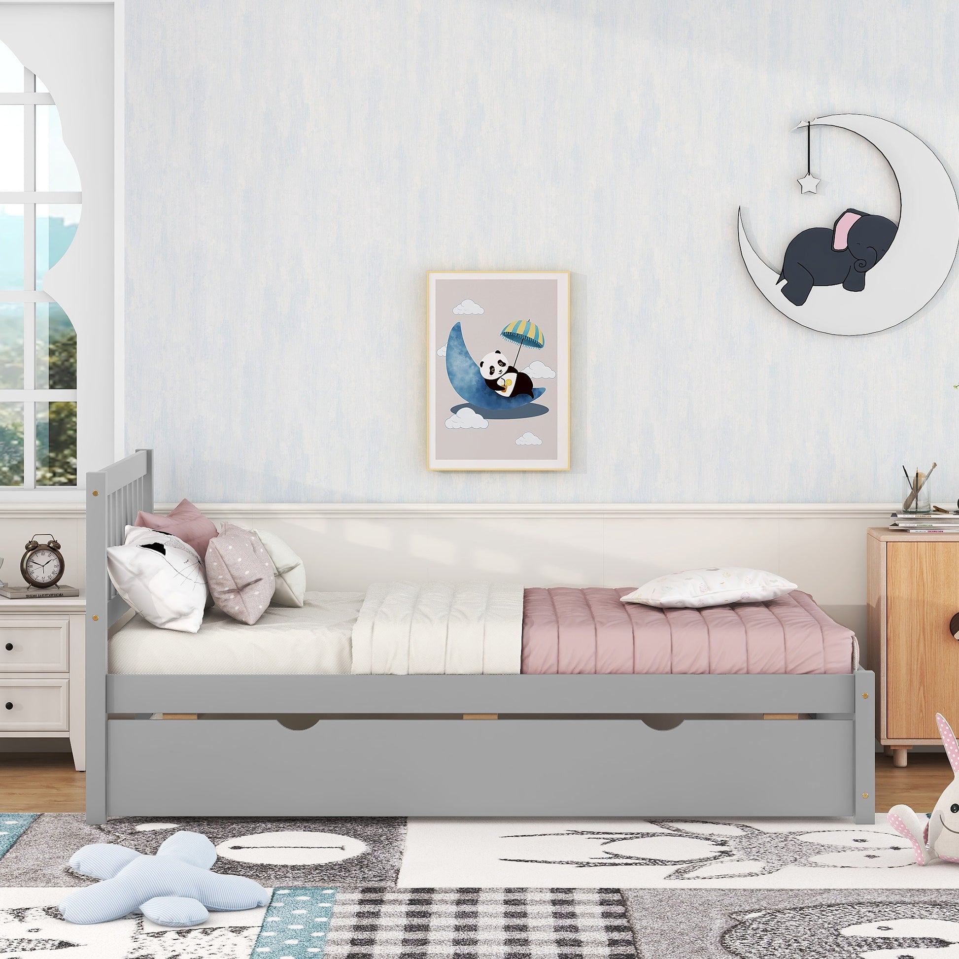 Modern Design Wooden Twin Size Platform Bed Frame With Trundle For Grey Color Grey Rubber Wood