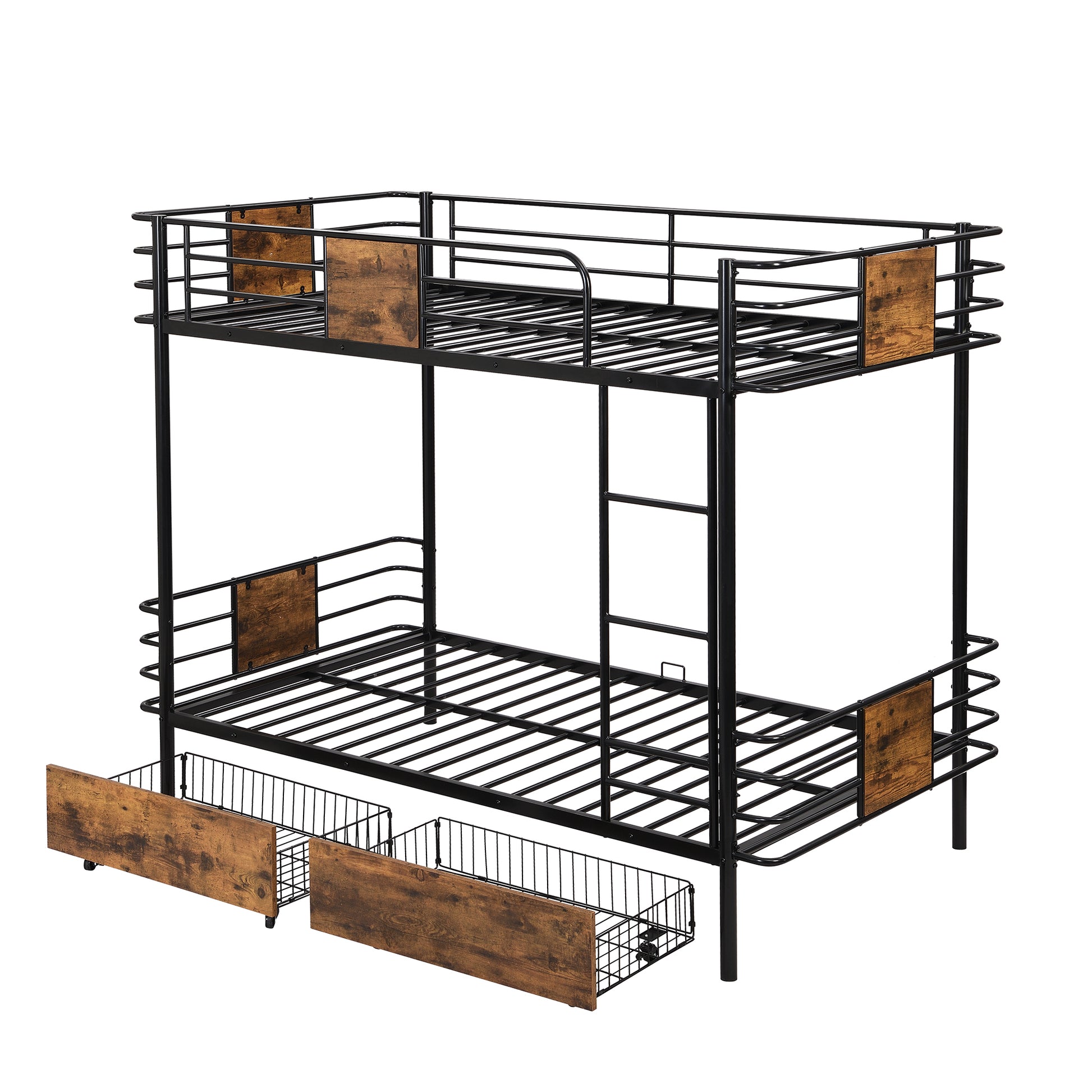 Twin Xl Over Twin Xl Metal Bunk Bed With Mdf Board Guardrail And Two Storage Drawers,Black Twin Xl Black Metal